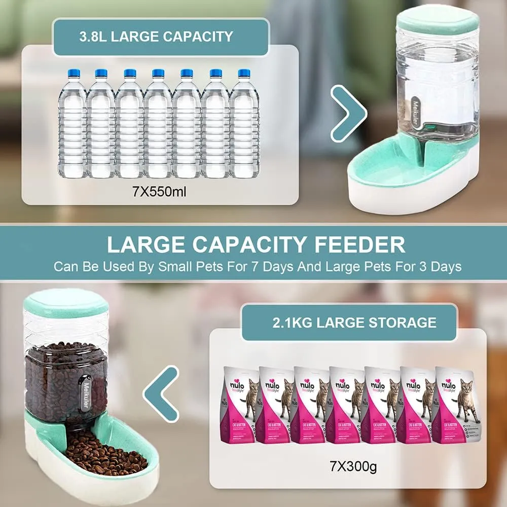 Meikuler Automatic Dog Cat Feeder and Water Dispenser Set,Waterer and Gravity Food Feeder for Small & Medium Dogs Cats Puppies,Large Capacity 1 Gallon x 2 (Green)