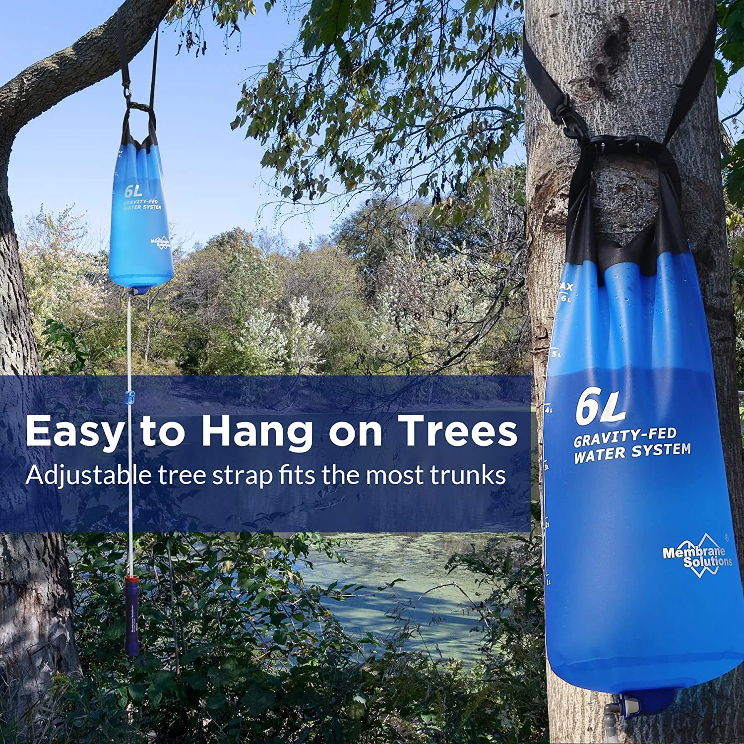 Membrane Solutions Gravity Water Filter Pro 6L, 0.1-Micron Versatile Water Purifier Camping with Adjustable Tree Strap Storage Bag, Survival Gear and Equipment for Group Camping Emergency Preparedness
