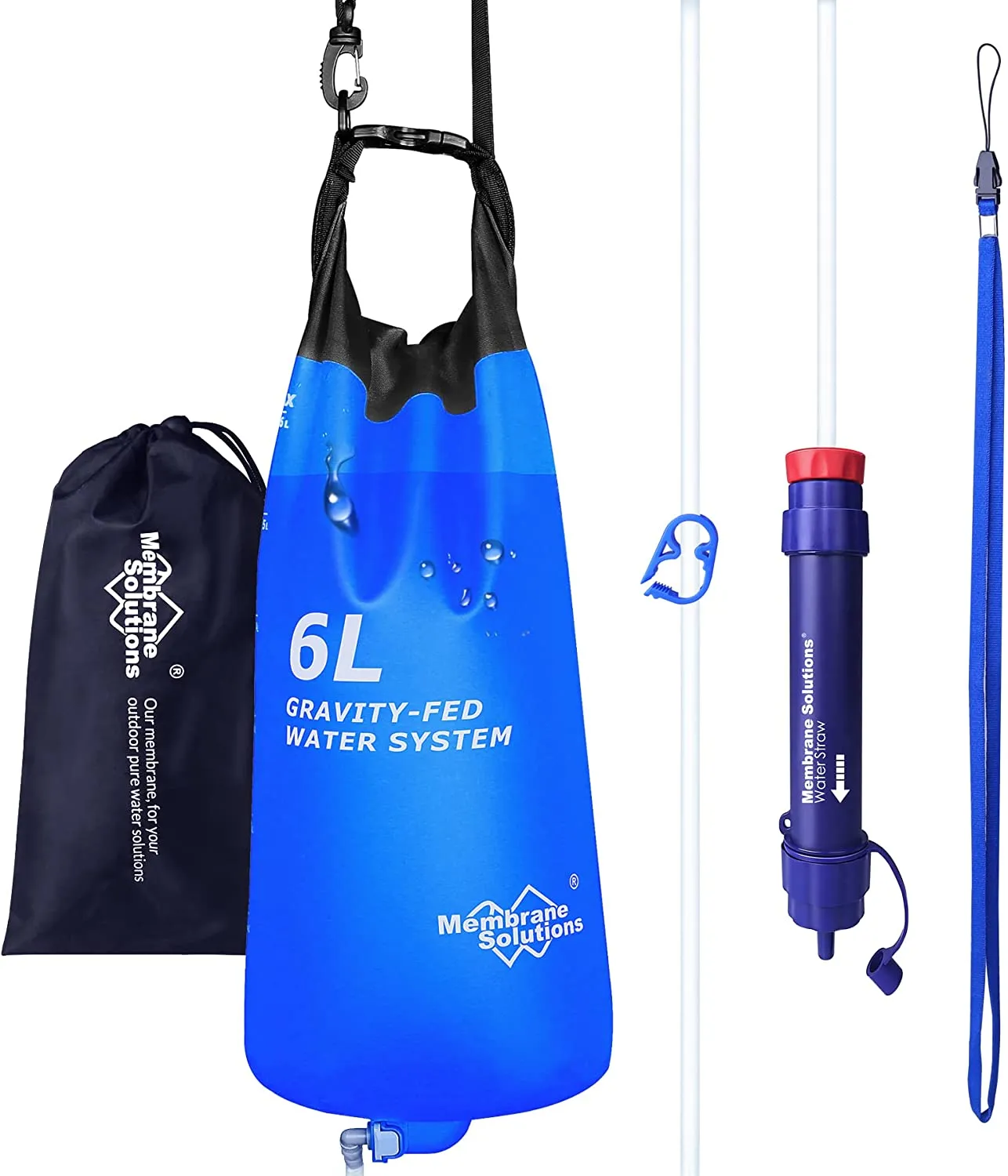 Membrane Solutions Gravity Water Filter Pro 6L, 0.1-Micron Versatile Water Purifier Camping with Adjustable Tree Strap Storage Bag, Survival Gear and Equipment for Group Camping Emergency Preparedness