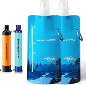 Membrane Solutions Squeezable Water Filtration System, Survival Water Purifier Kit, Portable Backpacking Gear Including Water Filter Straw and 23oz Collapsible Bottle for Hiking Camping Travel(2 2)