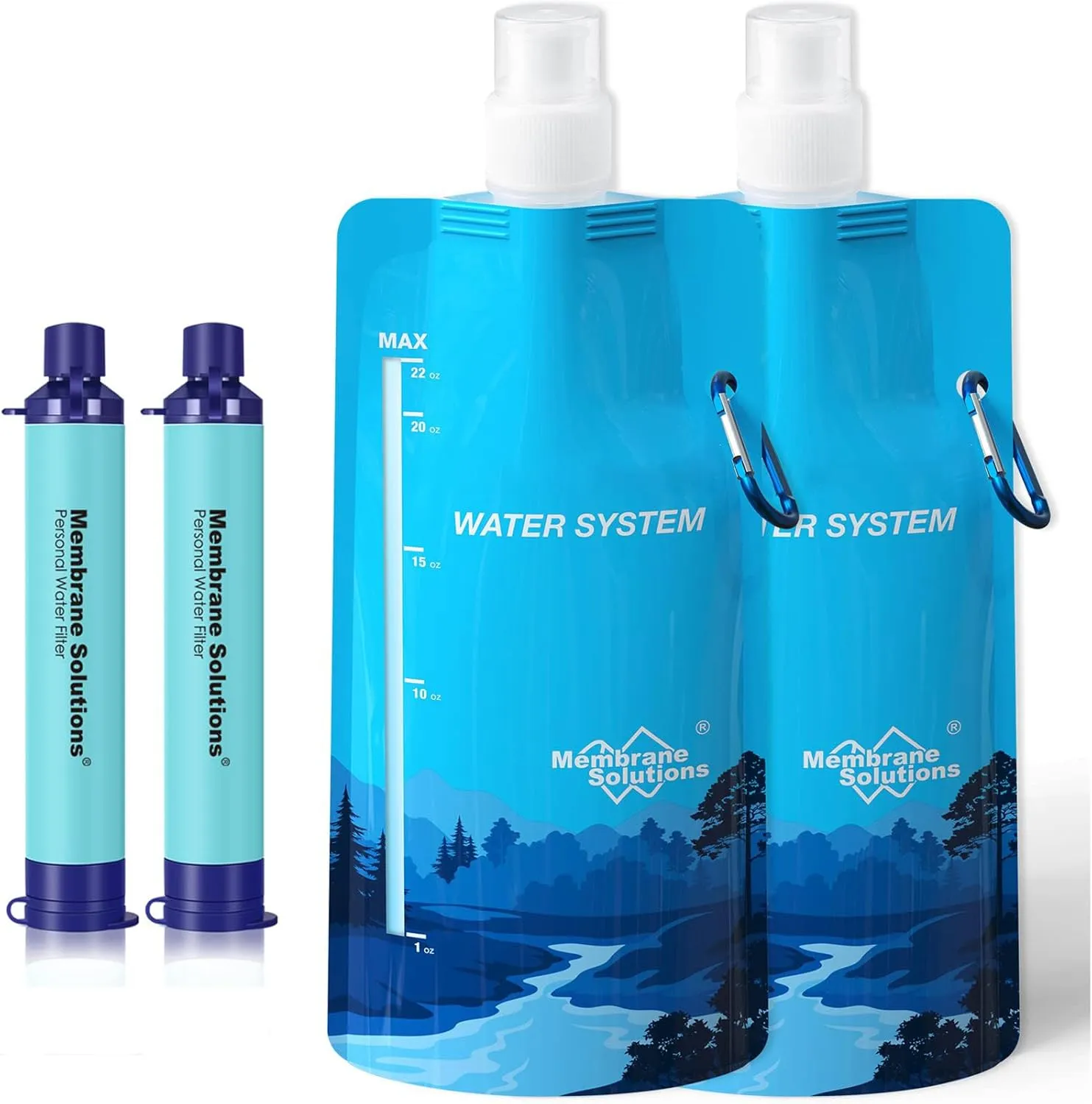 Membrane Solutions Squeezable Water Filtration System, Survival Water Purifier Kit, Portable Backpacking Gear Including Water Filter Straw and 23oz Collapsible Bottle for Hiking Camping Travel(2 2)