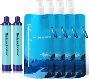 Membrane Solutions Squeezable Water Filtration System, Survival Water Purifier Kit, Portable Backpacking Gear Including Water Filter Straw and 23oz Collapsible Bottle for Hiking Camping Travel(2 4)