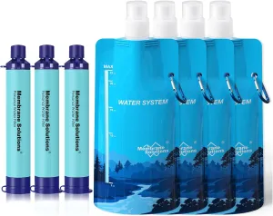 Membrane Solutions Squeezable Water Filtration System, Survival Water Purifier Kit, Portable Backpacking Gear Including Water Filter Straw and 23oz Collapsible Bottle for Hiking Camping Travel(3 4)
