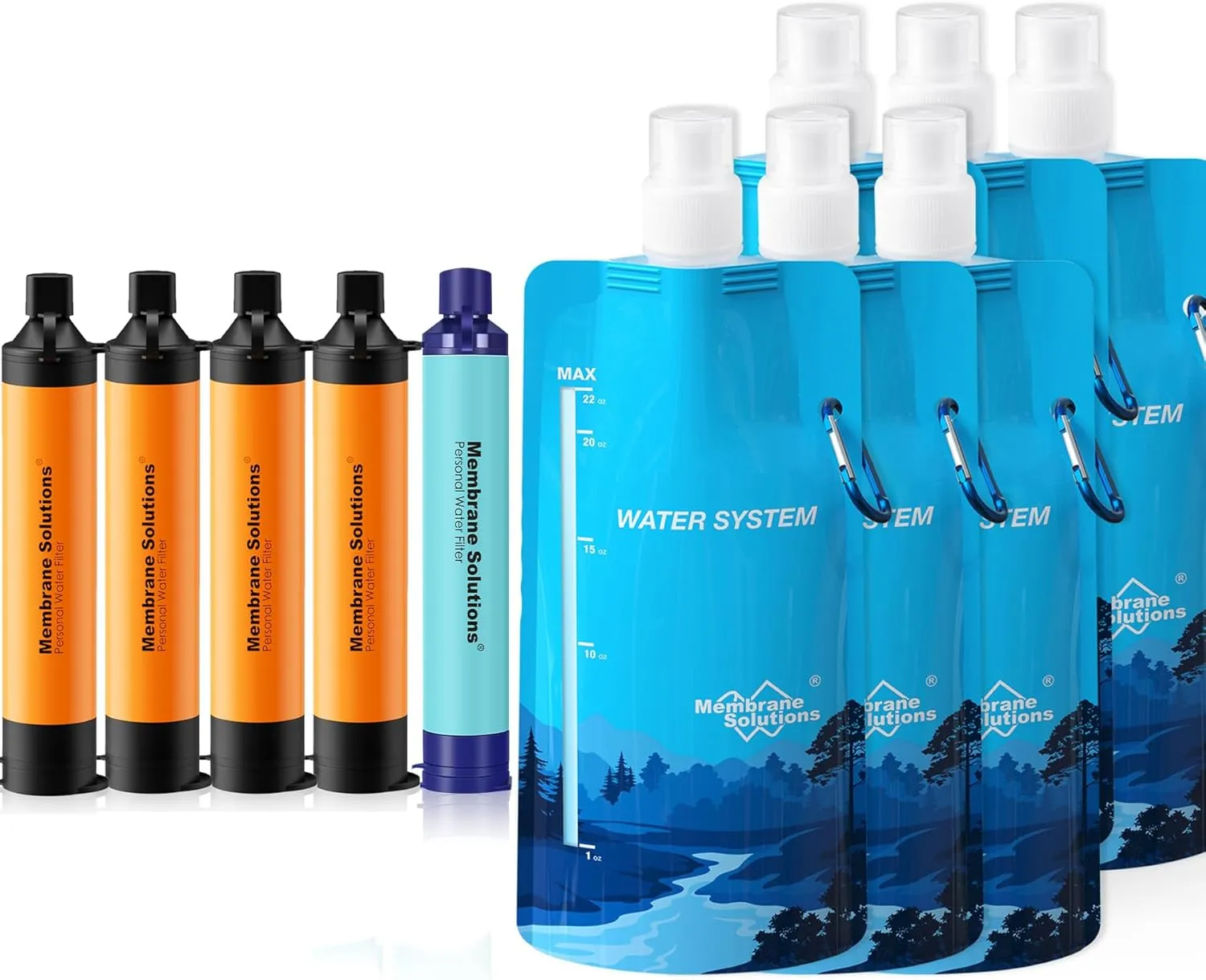 Membrane Solutions Squeezable Water Filtration System, Survival Water Purifier Kit, Portable Backpacking Gear Including Water Filter Straw and 23oz Collapsible Bottle for Hiking Camping Travel(5 6)