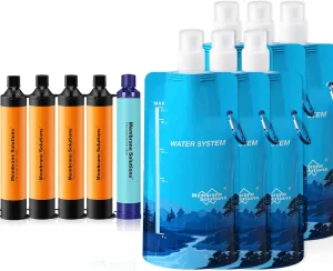 Membrane Solutions Squeezable Water Filtration System, Survival Water Purifier Kit, Portable Backpacking Gear Including Water Filter Straw and 23oz Collapsible Bottle for Hiking Camping Travel(5 6)