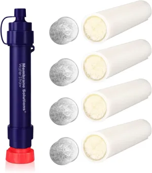 Membrane Solutions WS02 Water Filter Straw, Detachable 4-Stage 0.1-Micron Portable Water Filter Camping, 5,000L Water Purifier Survival Gear and Equipment for Travel & Emergency (1 Pack   4 Filters)