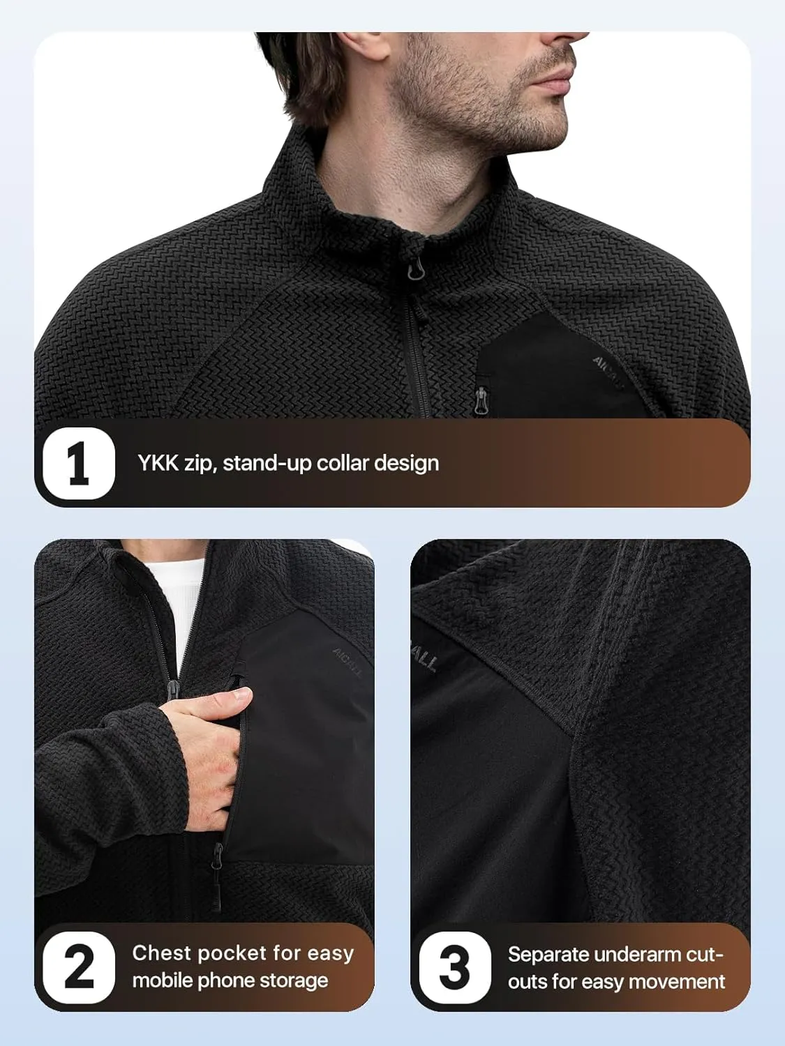 Men's AIR Full Zip Wave-textured Lightweight Fleece Jacket Breathable Spring Jacket for Outdoor Hiking Camping