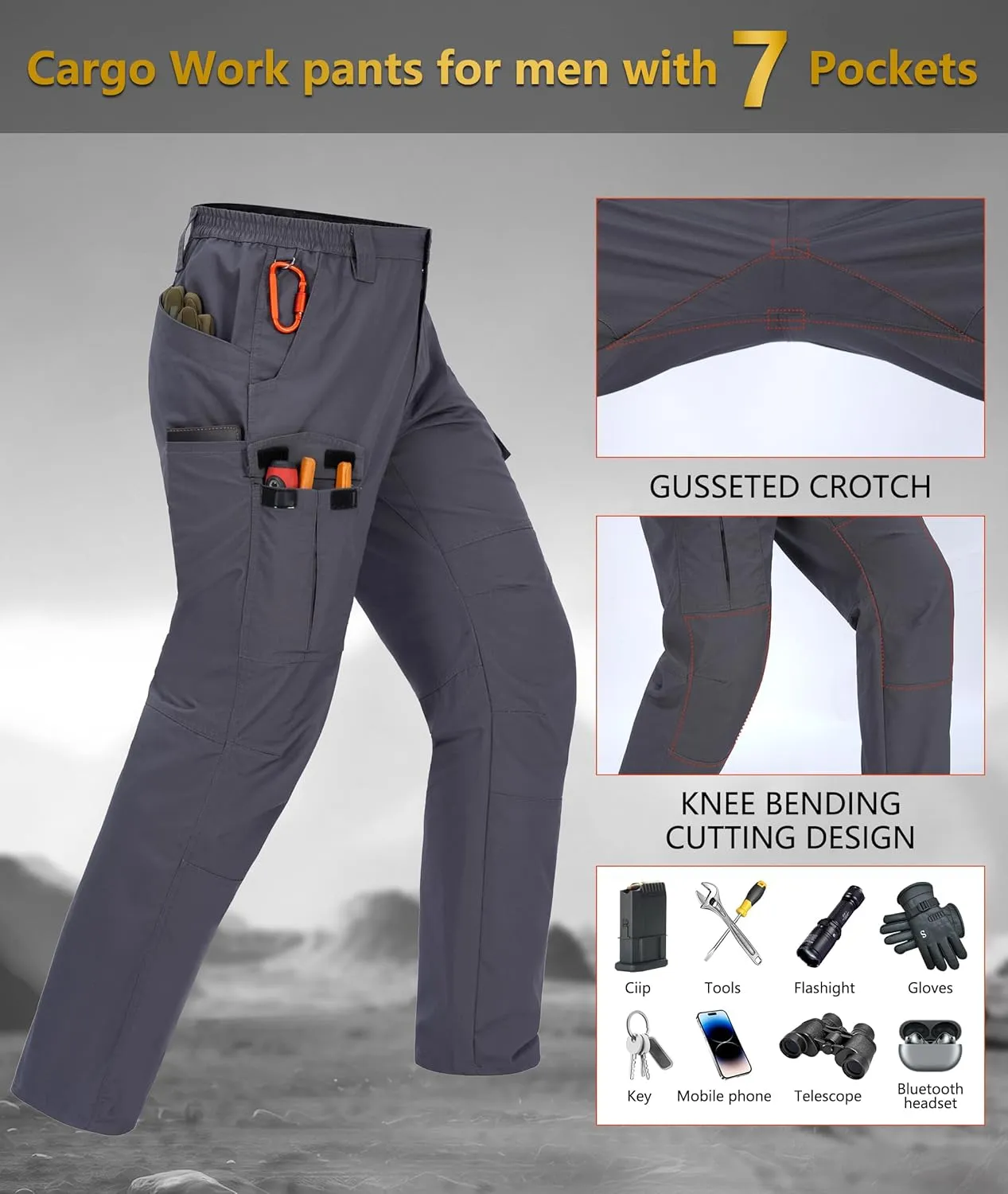 Mens Cargo Work Pants Waterproof Hiking Pants for Men Ripstop Tactical Pants Multi Work Pants with 7 Pockets