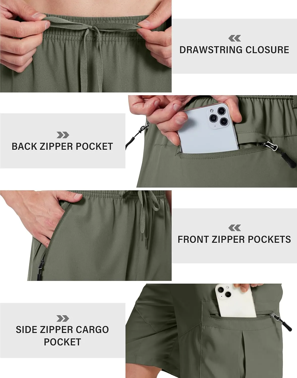 Mens Hiking Cargo Shorts 9 Inch with Zipper Pockets Quick Dry Stretch Lightweight Drawstring for Outdoor Fishing