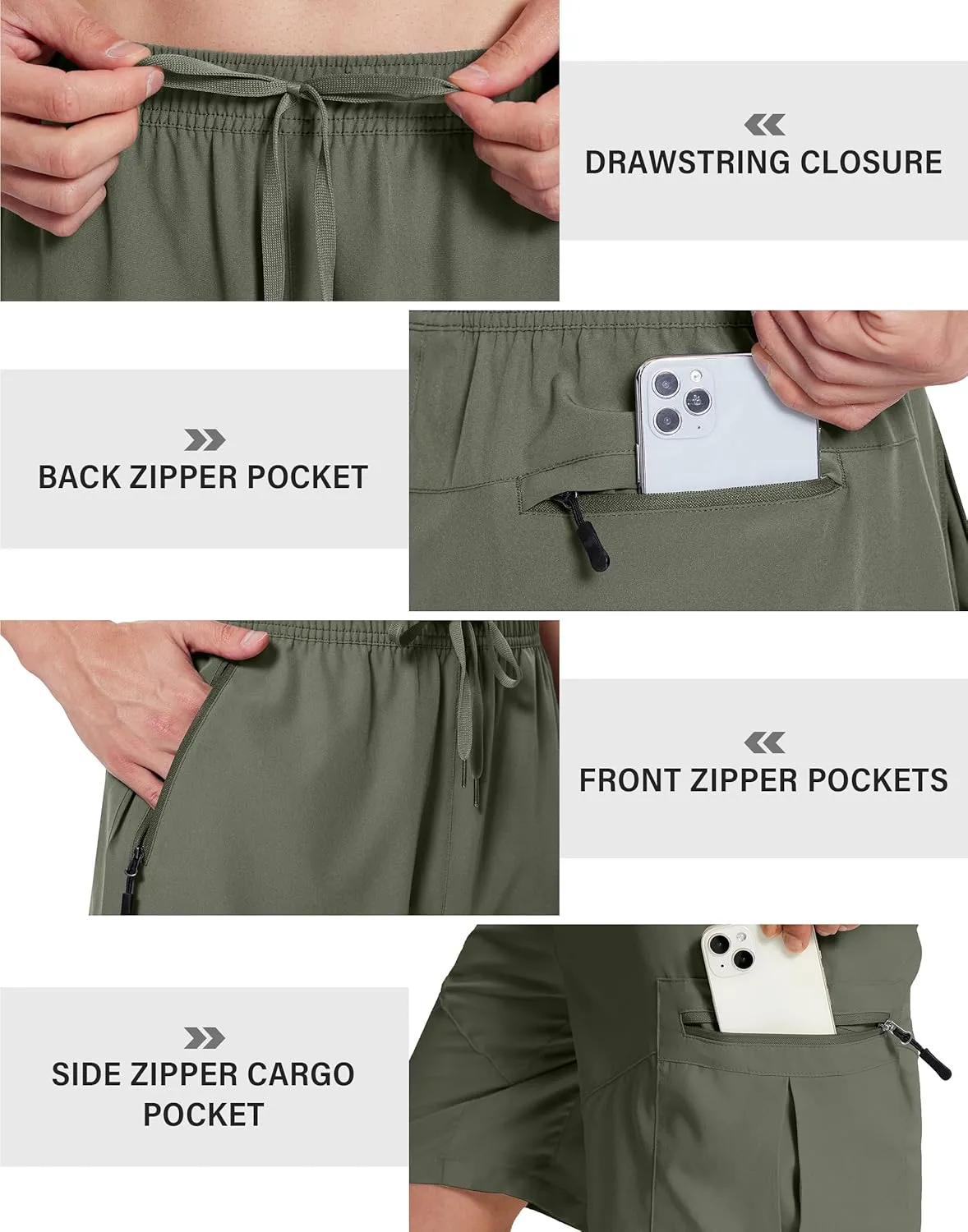 Mens Hiking Cargo Shorts with Zipper Pockets 7" Quick Dry Lightweight Drawstring Shorts for Summer Outdoor Golf Casual
