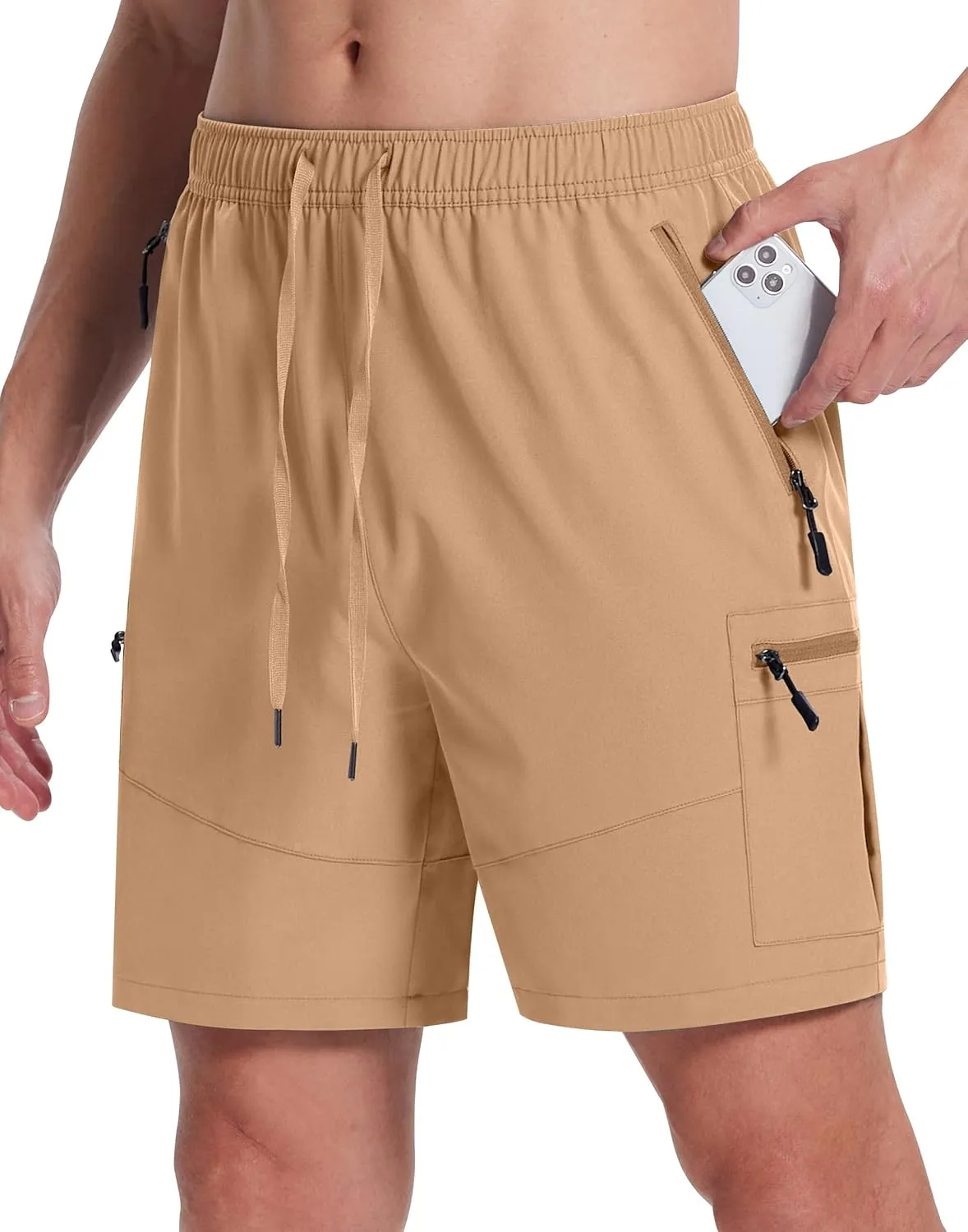 Mens Hiking Cargo Shorts with Zipper Pockets 7" Quick Dry Lightweight Drawstring Shorts for Summer Outdoor Golf Casual