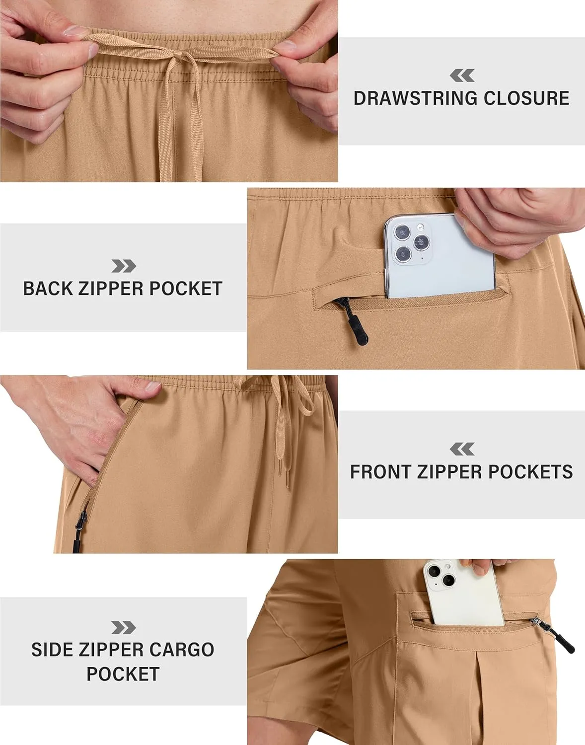 Mens Hiking Cargo Shorts with Zipper Pockets 7" Quick Dry Lightweight Drawstring Shorts for Summer Outdoor Golf Casual