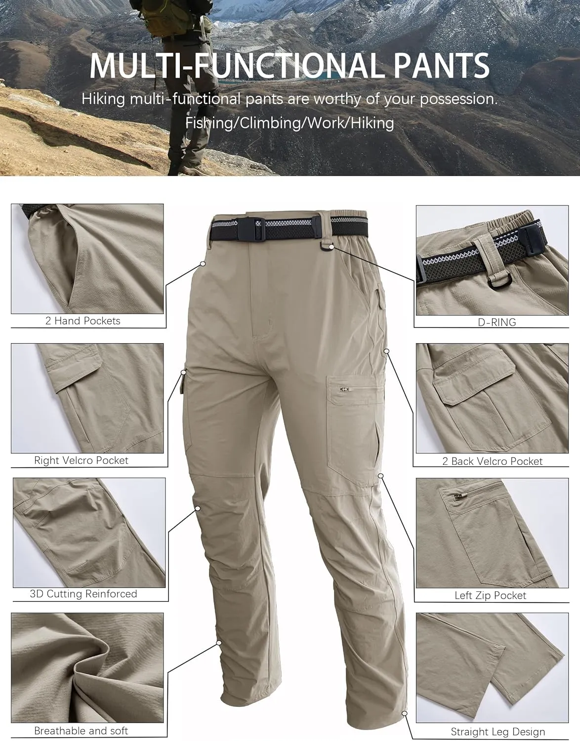 Men's Hiking Cargo Work Pants Lightweight Waterproof Quick Dry Camping Fishing Travel Outdoor Pants