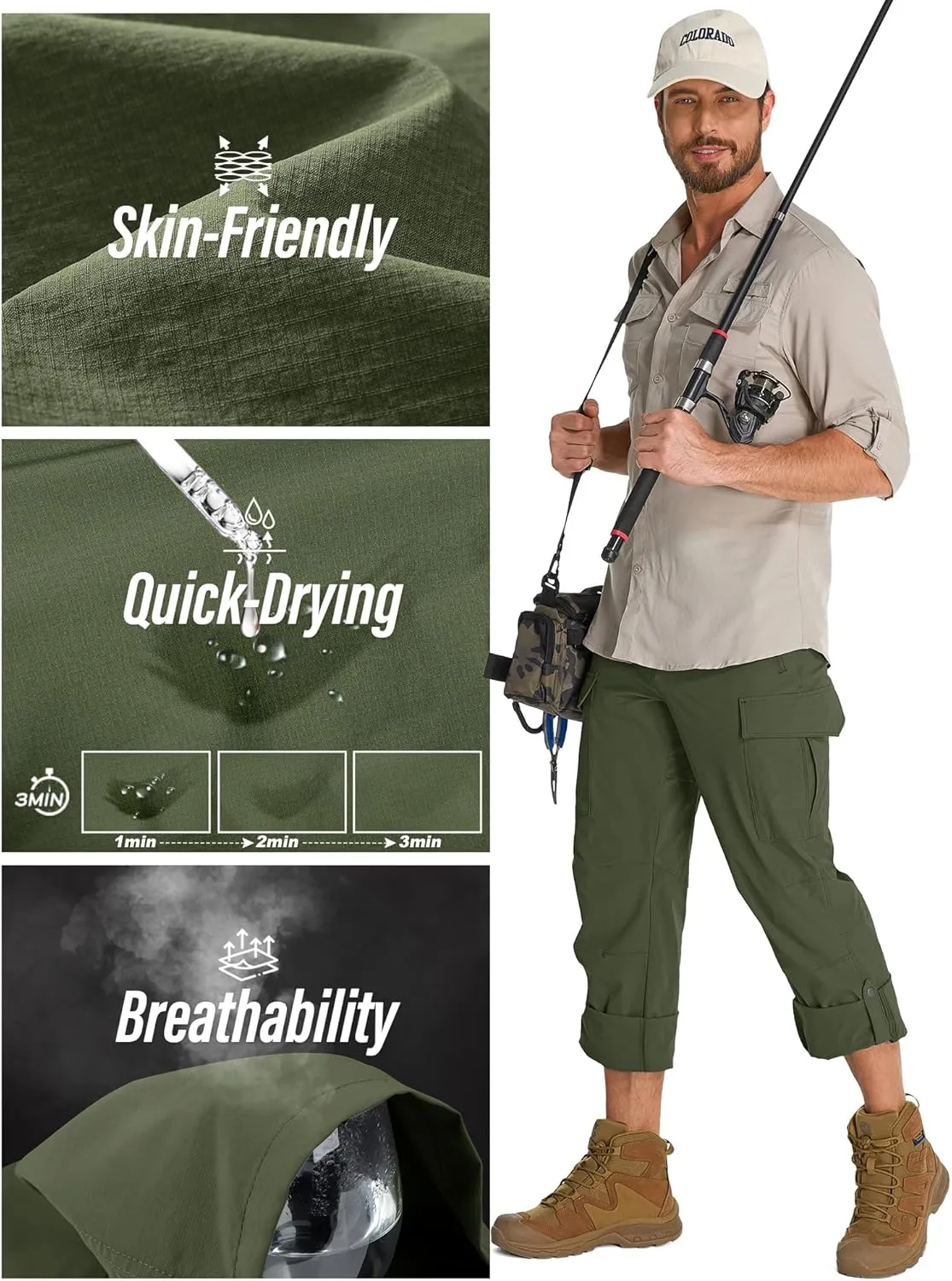 Mens Hiking Pants Convertible Lightweight Quick Dry Fishing Safari Camping Travel boy Scout Pants