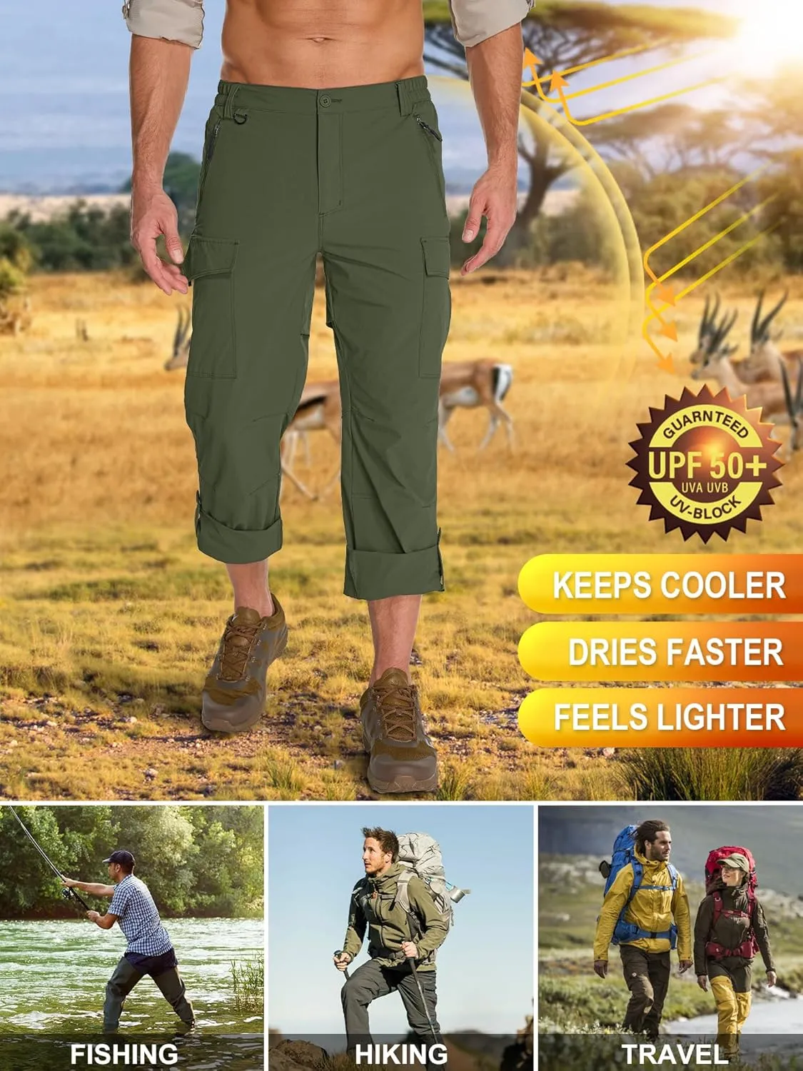 Mens Hiking Pants Convertible Lightweight Quick Dry Fishing Safari Camping Travel boy Scout Pants