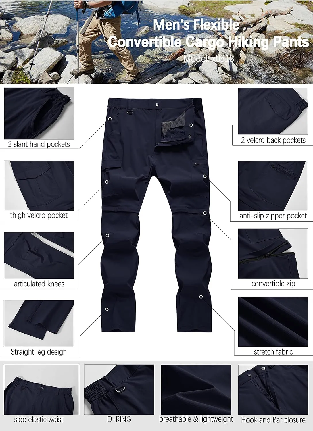 Men's Hiking Pants Convertible Zip Off Lightweight Waterproof Quick Dry Outdoor Fishing Travel Safari Camping