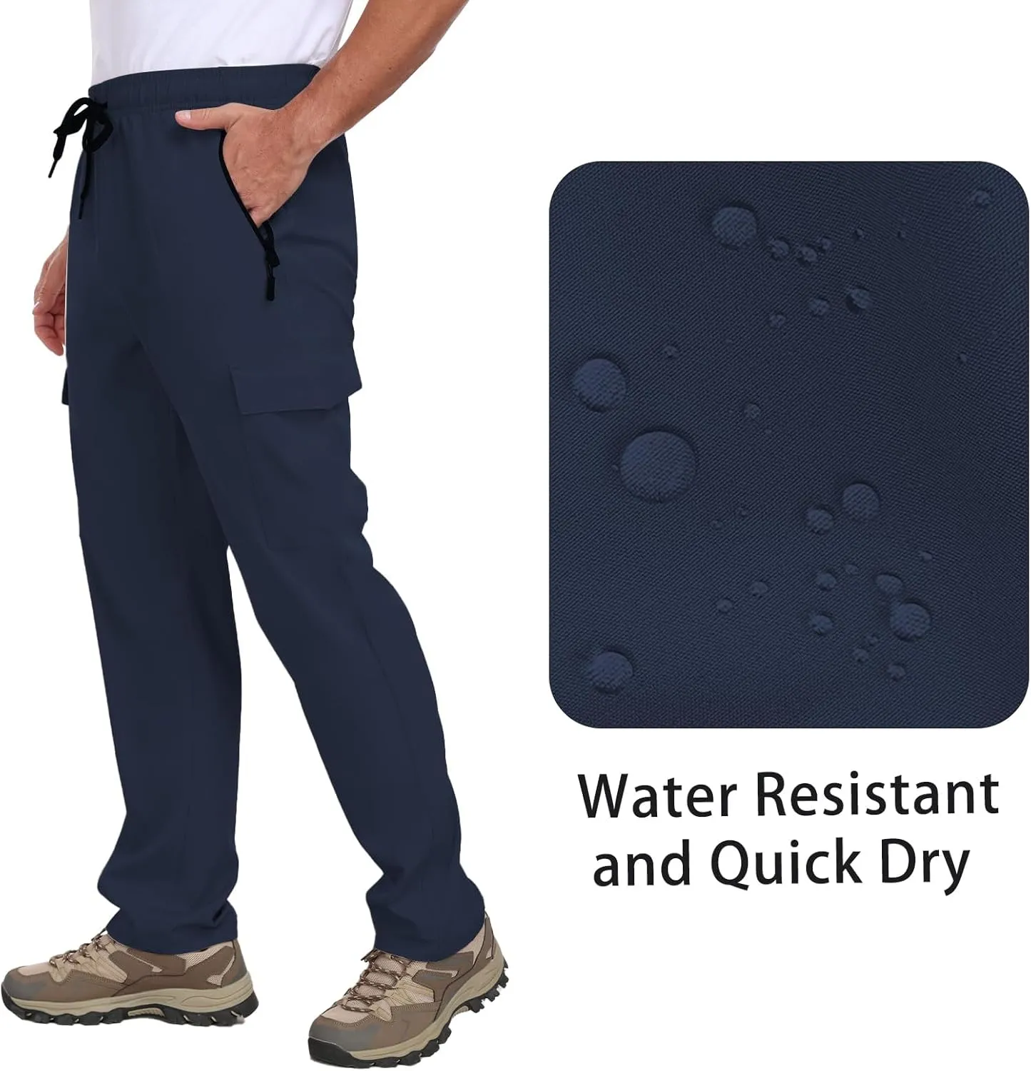 Men's Hiking Pants UPF 50  Cargo Quick Dry Water Resistant Elastic Waist Zip Pockets Travel Work Lightweight Running