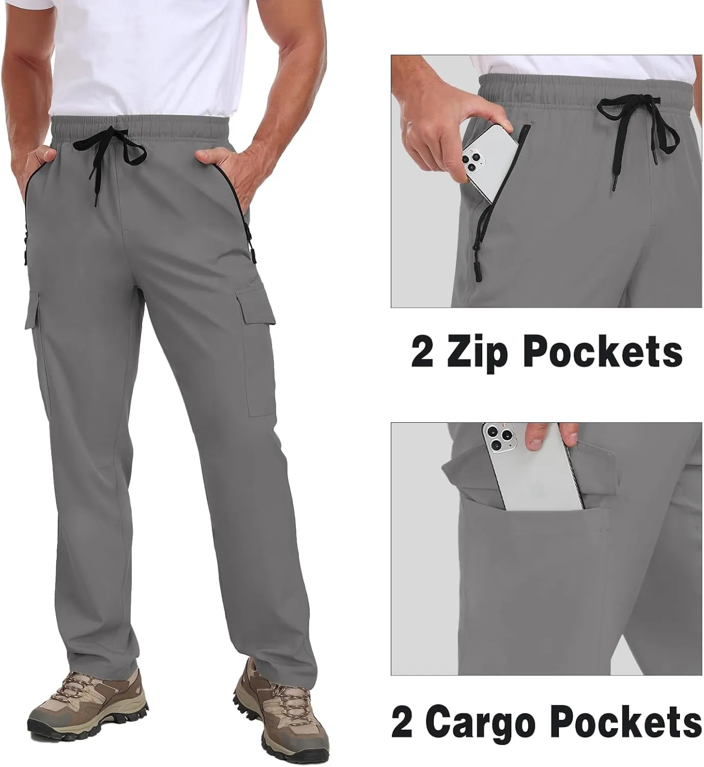 Men's Hiking Pants UPF 50  Cargo Quick Dry Water Resistant Elastic Waist Zip Pockets Travel Work Lightweight Running