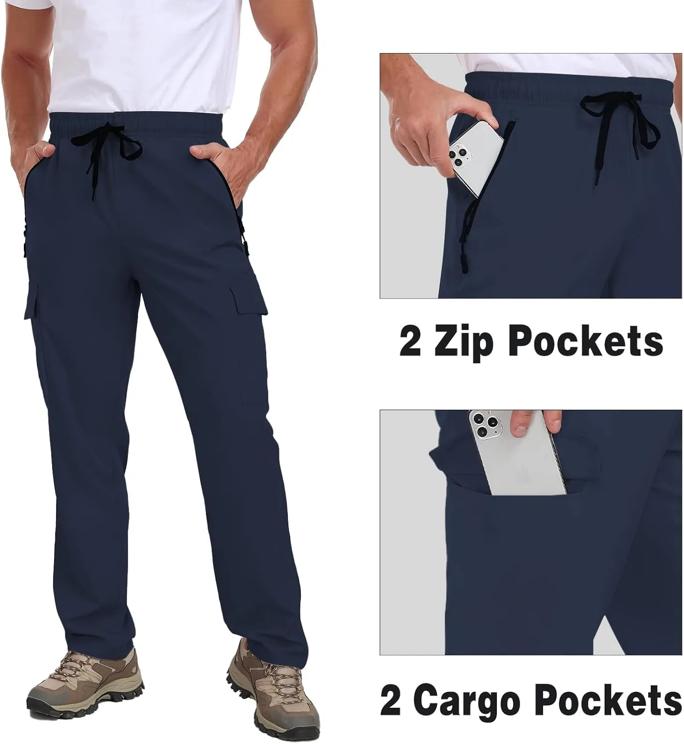 Men's Hiking Pants UPF 50  Cargo Quick Dry Water Resistant Elastic Waist Zip Pockets Travel Work Lightweight Running