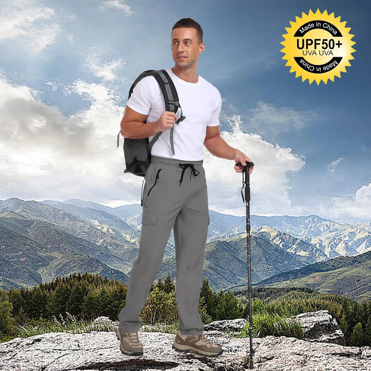Men's Hiking Pants UPF 50  Cargo Quick Dry Water Resistant Elastic Waist Zip Pockets Travel Work Lightweight Running