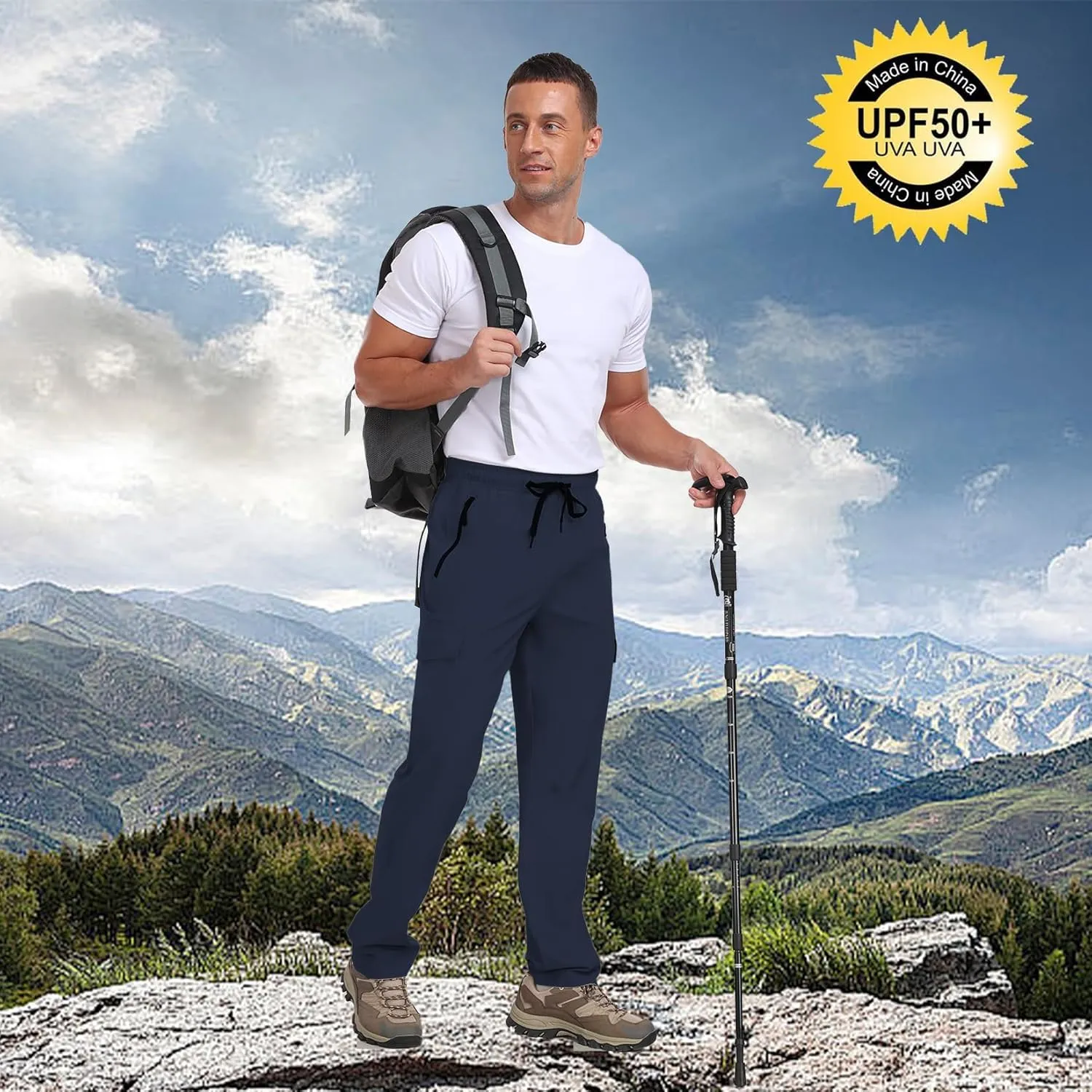 Men's Hiking Pants UPF 50  Cargo Quick Dry Water Resistant Elastic Waist Zip Pockets Travel Work Lightweight Running
