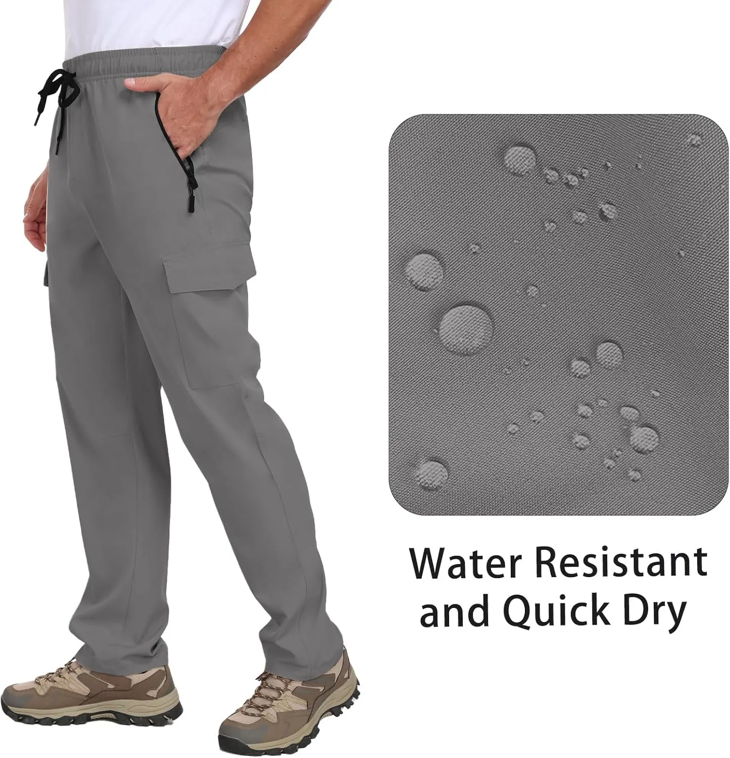 Men's Hiking Pants UPF 50  Cargo Quick Dry Water Resistant Elastic Waist Zip Pockets Travel Work Lightweight Running