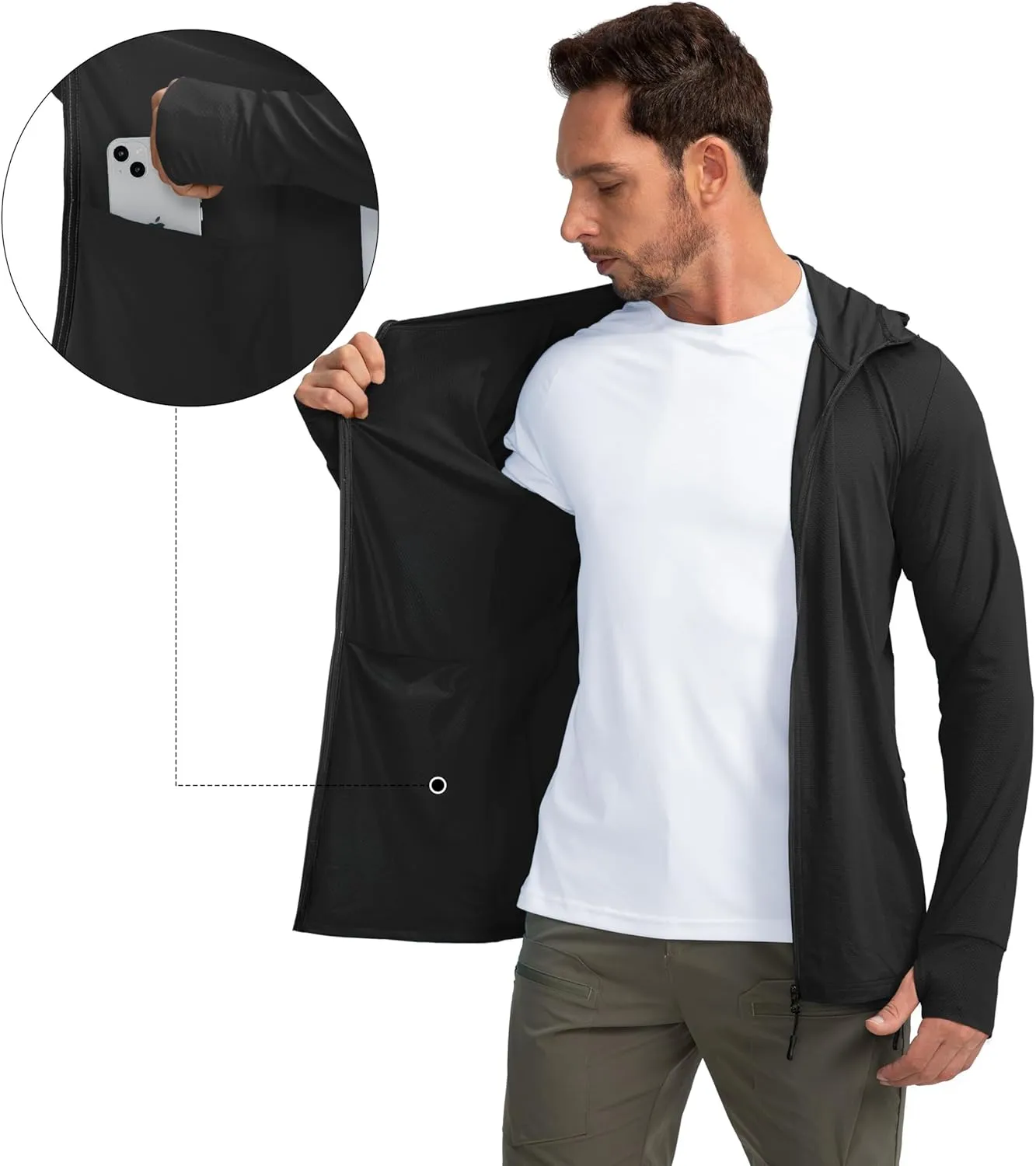 Men's UPF 50  Light Jacket Full Zip Sun Protection Hoodie Long Sleeve Sun Shirts for Men Hiking Fishing Zip Pockets