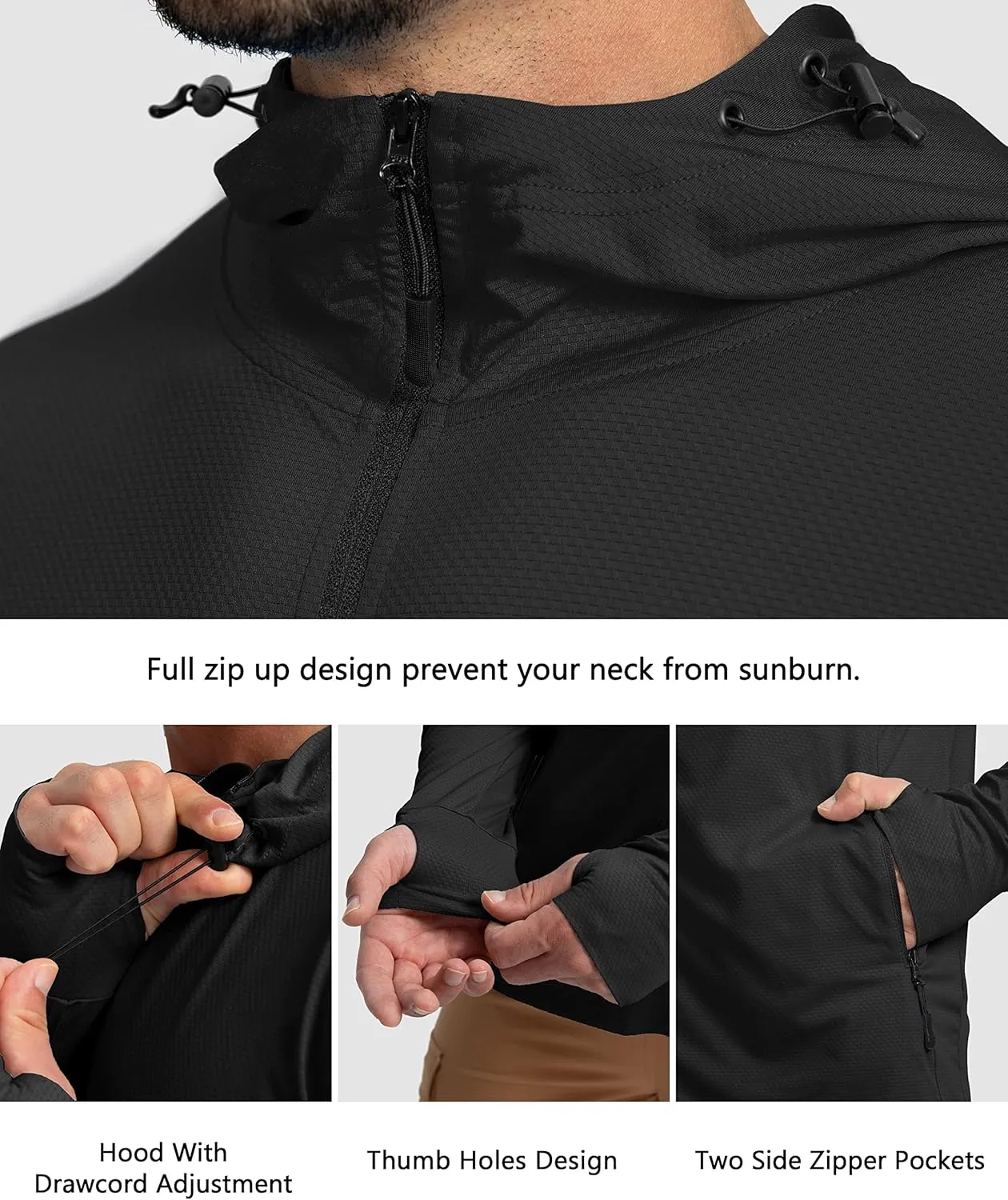 Men's UPF 50  Light Jacket Full Zip Sun Protection Hoodie Long Sleeve Sun Shirts for Men Hiking Fishing Zip Pockets