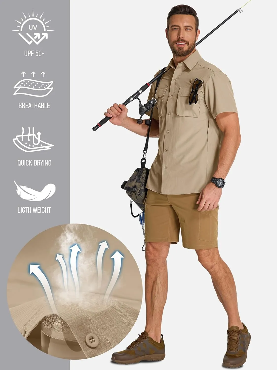Mens UPF 50  Sun Protection Short Sleeve Quick Dry Fishing Safari Hiking Shirt with Zipper Pocket Lightweight Cooling