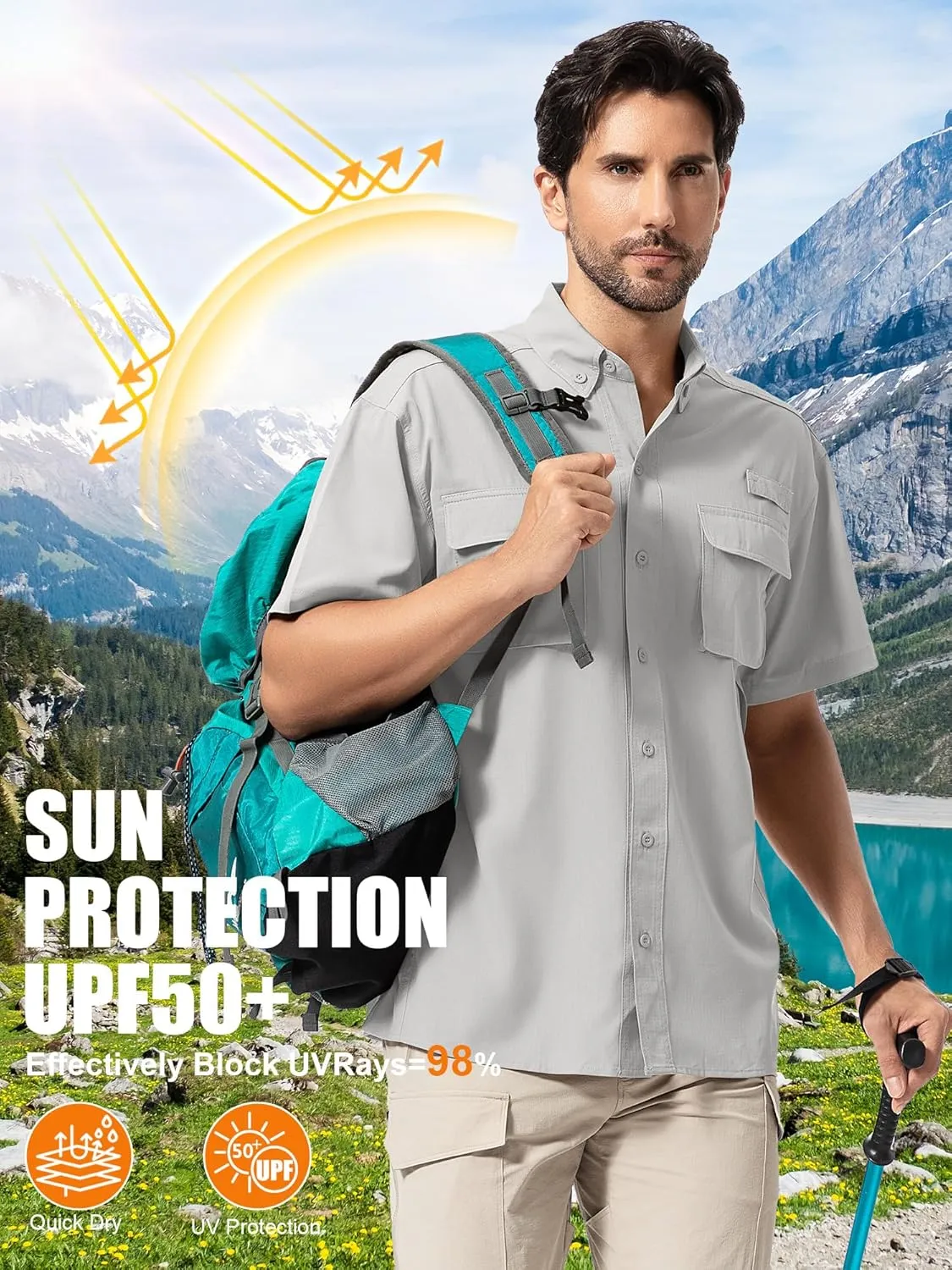 Mens UPF 50  Sun Protection Short Sleeve Quick Dry Fishing Safari Hiking Shirt with Zipper Pocket Lightweight Cooling