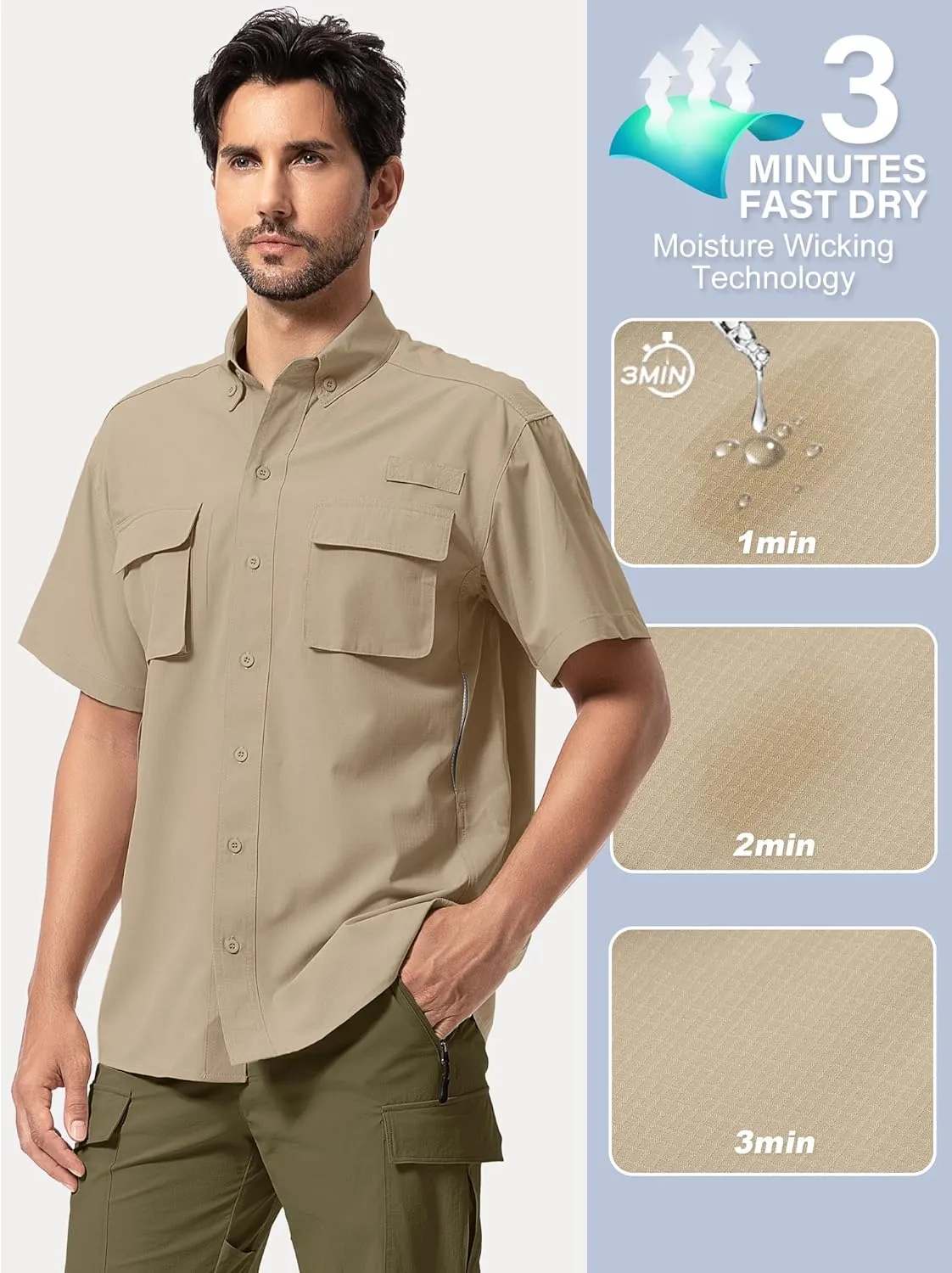 Mens UPF 50  Sun Protection Short Sleeve Quick Dry Fishing Safari Hiking Shirt with Zipper Pocket Lightweight Cooling