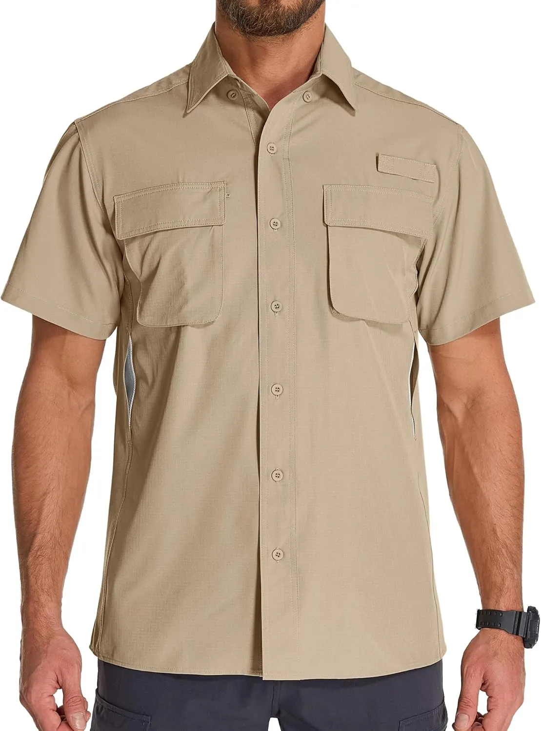 Mens UPF 50  Sun Protection Short Sleeve Quick Dry Fishing Safari Hiking Shirt with Zipper Pocket Lightweight Cooling
