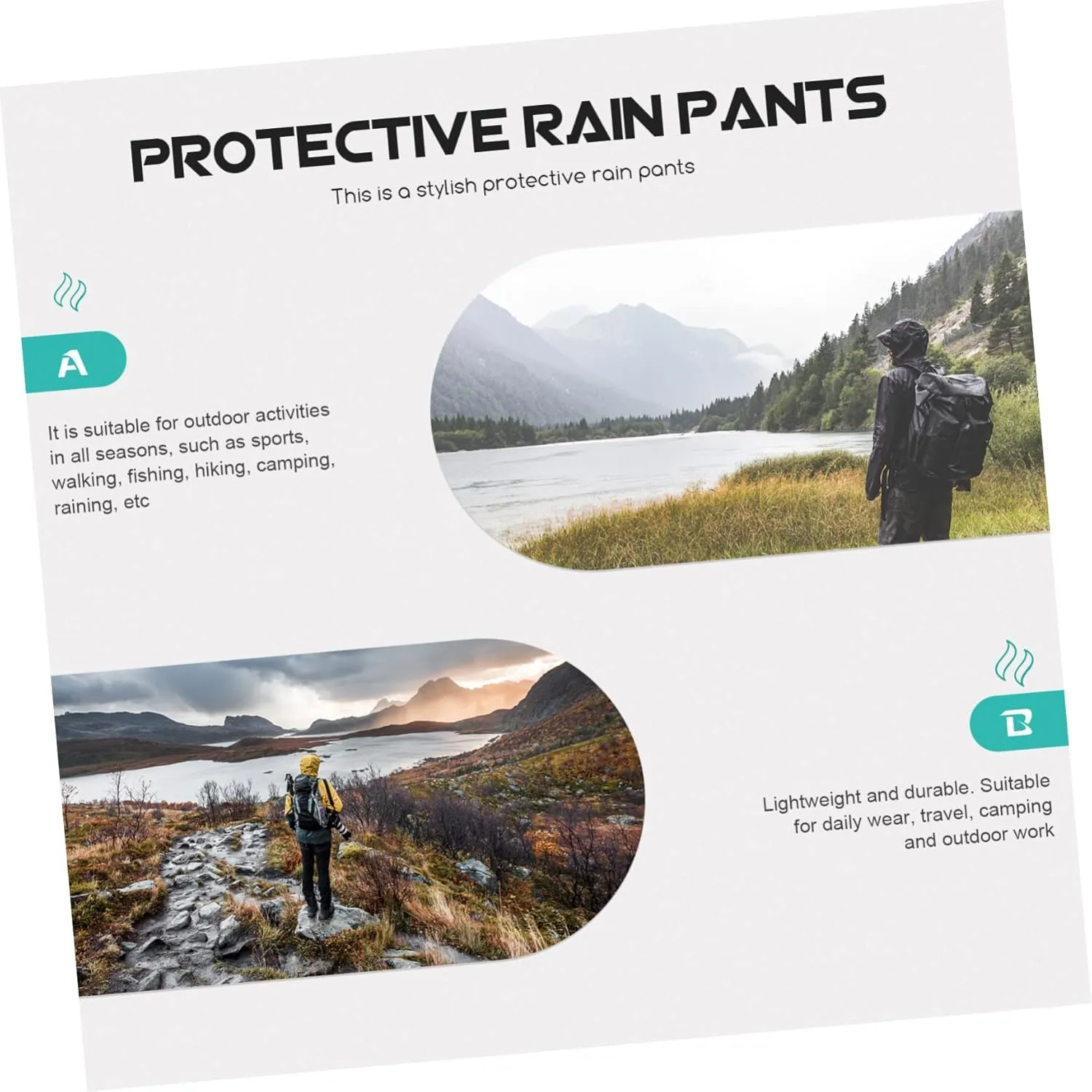 Men's Waterproof Breathable Rainproof Pants Double Layer Outdoor Camping Black