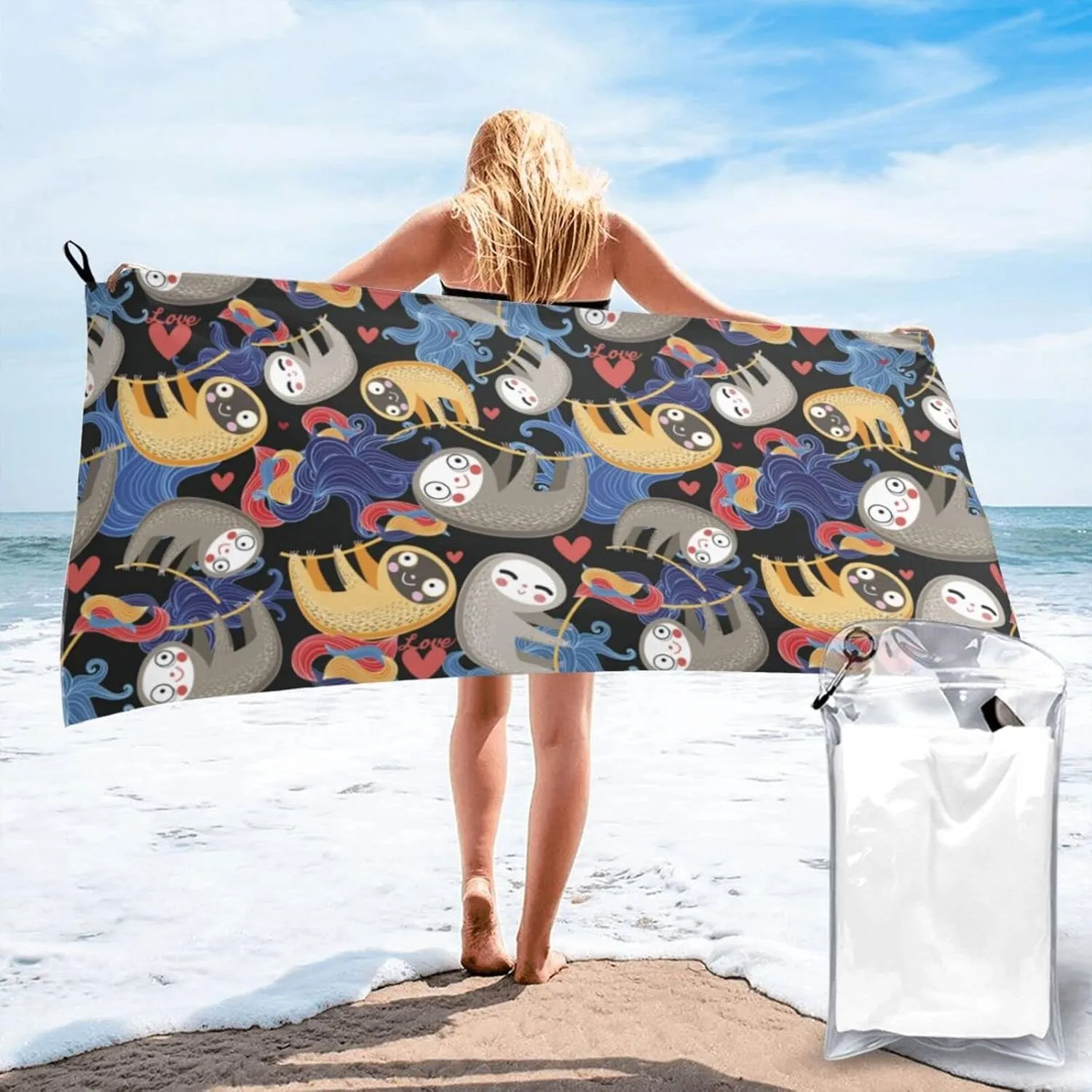 Microfiber Oversized Beach Towels, Funny Sloths Lovers Valentines Day Beach Bath Towels, Absorbent Quick Dry Portable Folding Pool/Swimming/Bath Towels for Bathroom Gym Camp Travel Shower 31.5"x63"