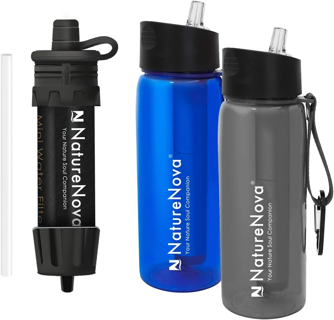 Mini Water Filter NatureNova Portable Emergency Water Filtration(1 Pack,Black) with Naturenova Water Filter Bottle(2 Pack Blue/Black)