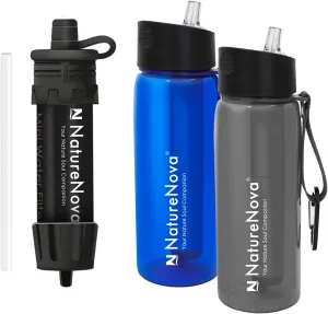 Mini Water Filter NatureNova Portable Emergency Water Filtration(1 Pack,Black) with Naturenova Water Filter Bottle(2 Pack Blue/Black)