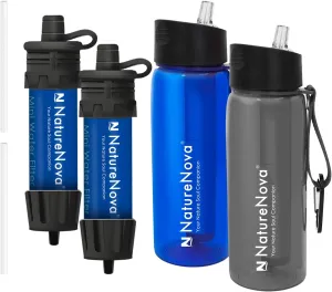 Mini Water Filter NatureNova Portable Emergency Water Filtration(2 Pack,Blue) with Naturenova Water Filter Bottle(2 Pack Blue/Black)