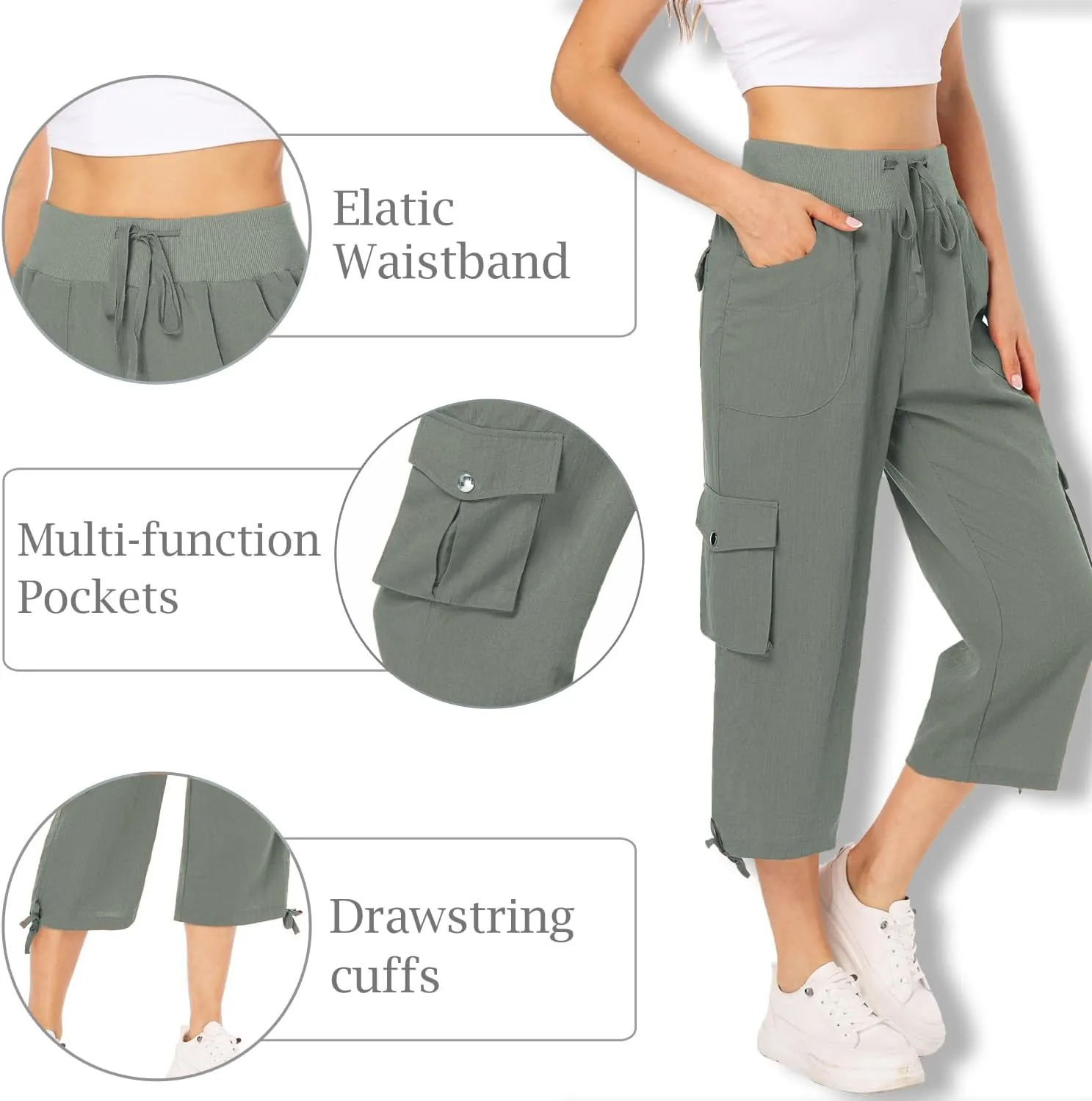 MISS MOLY Women's Cargo Capris Hiking Running Pants Loose Button Decor Lightweight Quick Dry Athletic Outdoor
