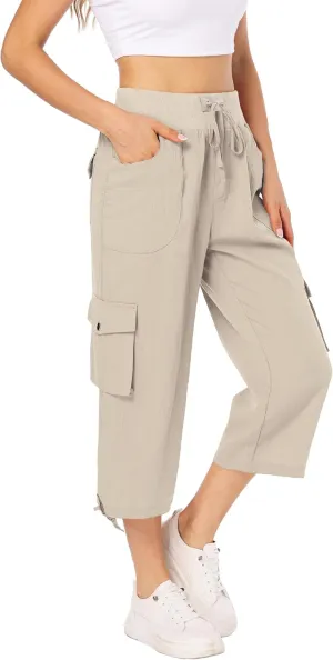 MISS MOLY Women's Cargo Capris Hiking Running Pants Loose Button Decor Lightweight Quick Dry Athletic Outdoor
