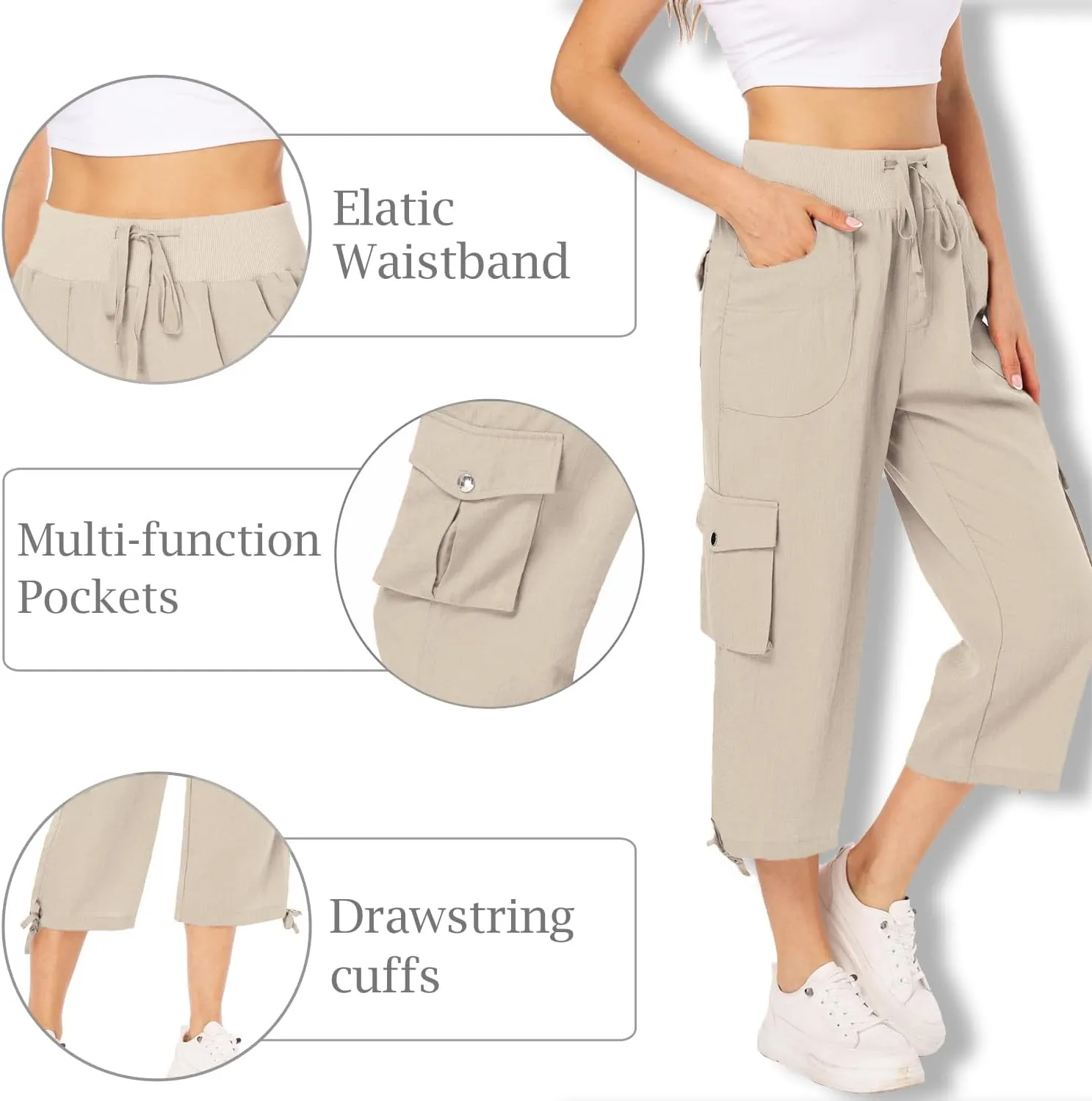 MISS MOLY Women's Cargo Capris Hiking Running Pants Loose Button Decor Lightweight Quick Dry Athletic Outdoor