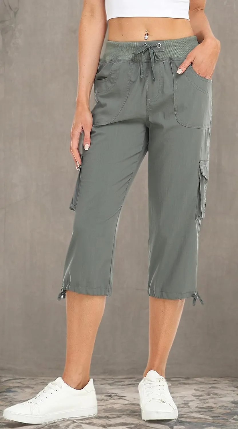 MISS MOLY Women's Cargo Capris Hiking Running Pants Loose Button Decor Lightweight Quick Dry Athletic Outdoor