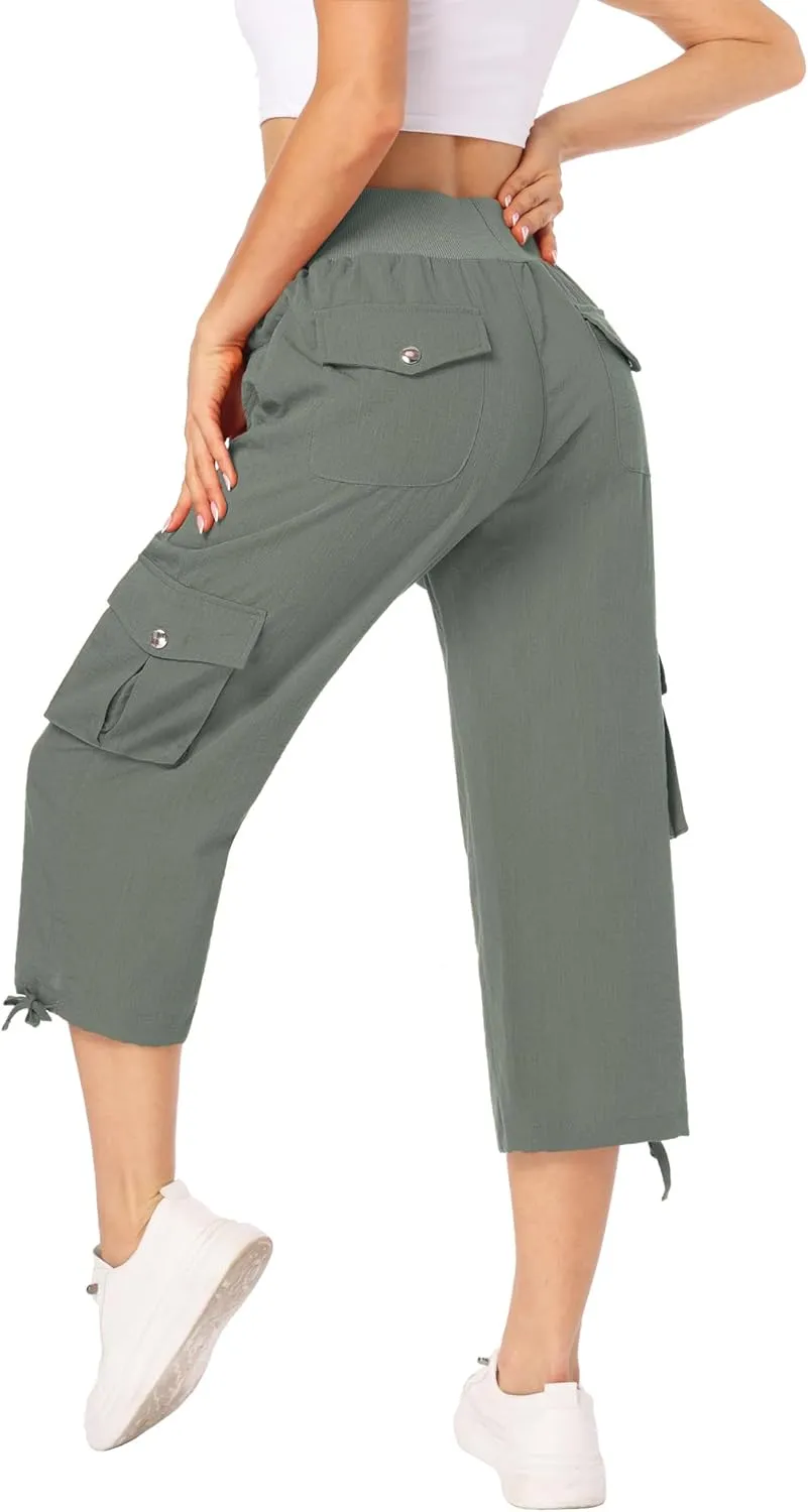 MISS MOLY Women's Cargo Capris Hiking Running Pants Loose Button Decor Lightweight Quick Dry Athletic Outdoor