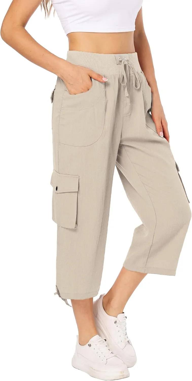 MISS MOLY Women's Cargo Capris Hiking Running Pants Loose Button Decor Lightweight Quick Dry Athletic Outdoor