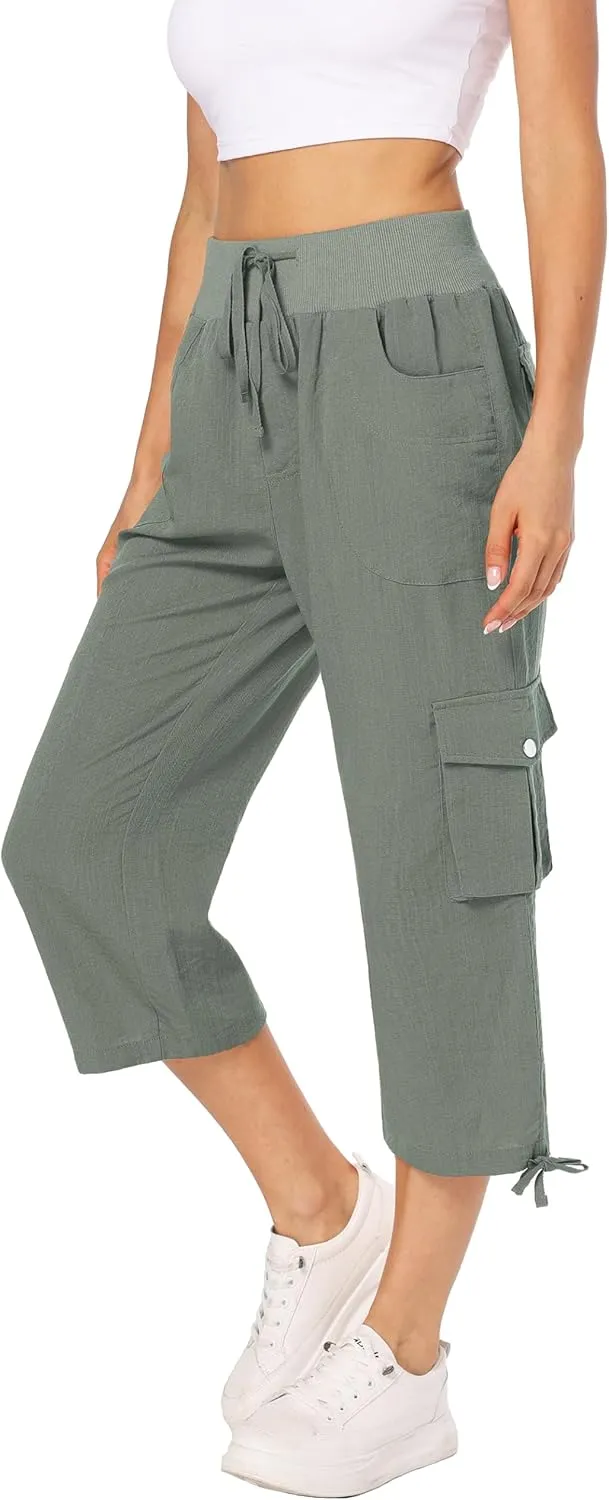 MISS MOLY Women's Cargo Capris Hiking Running Pants Loose Button Decor Lightweight Quick Dry Athletic Outdoor