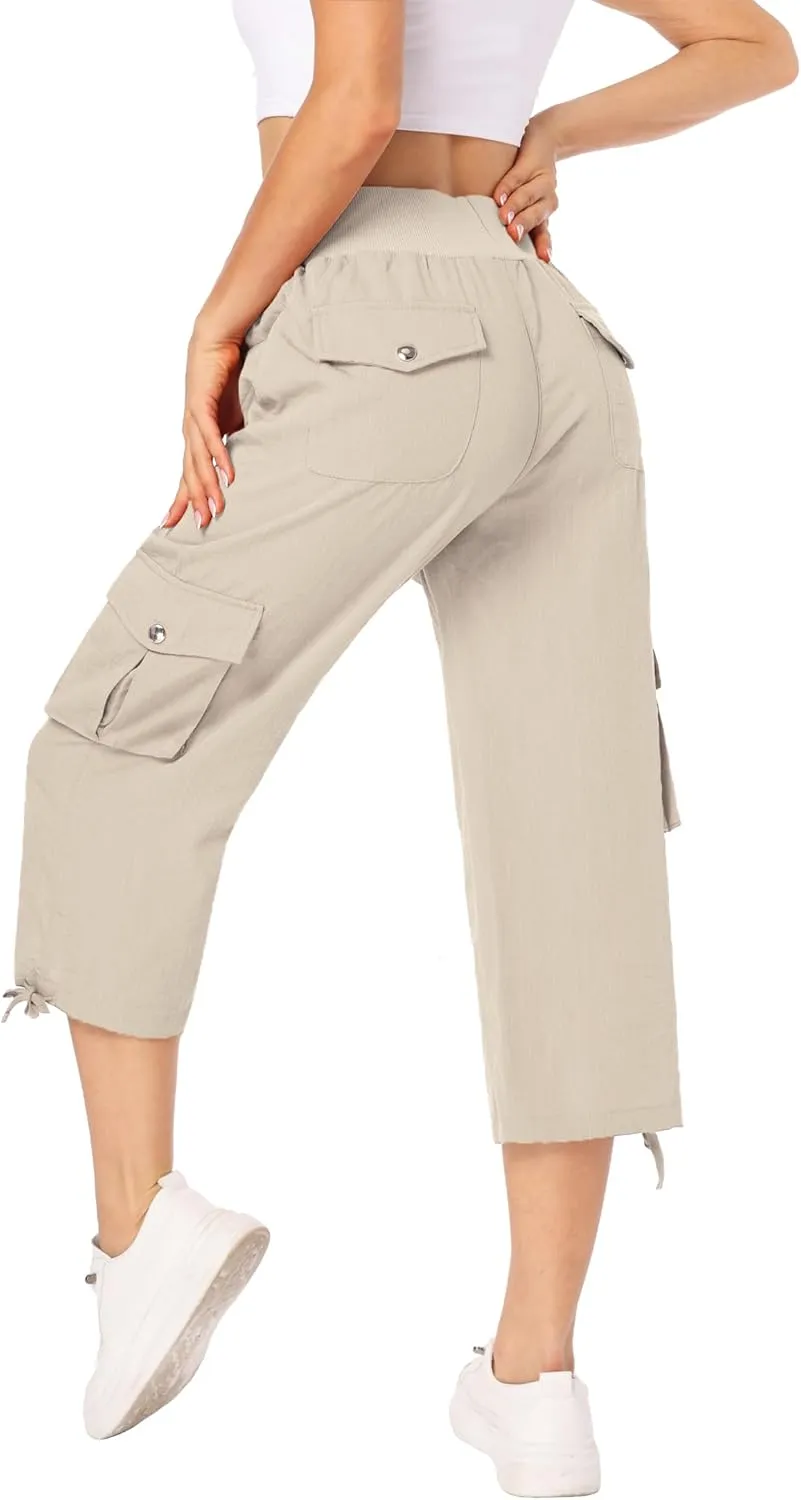 MISS MOLY Women's Cargo Capris Hiking Running Pants Loose Button Decor Lightweight Quick Dry Athletic Outdoor