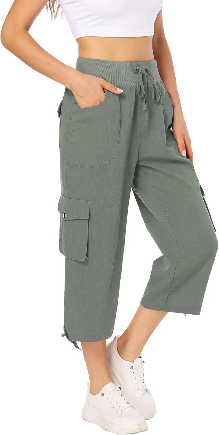 MISS MOLY Women's Cargo Capris Hiking Running Pants Loose Button Decor Lightweight Quick Dry Athletic Outdoor