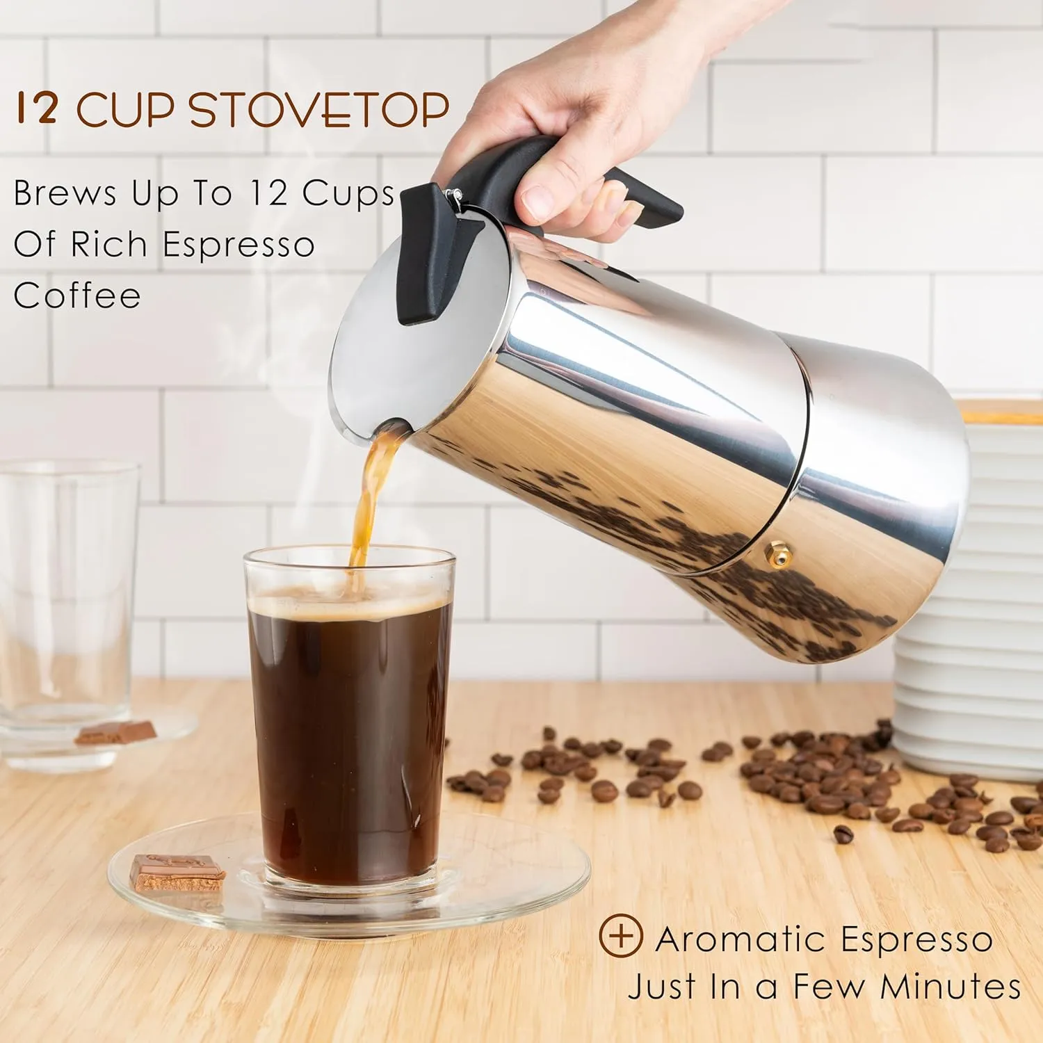 Mixpresso 12 Cup Greca Stovetop Espresso Maker 600ml/20oz, Moka Pot with Coffee Percolator Design, Stainless Steel Stove Top Coffee Maker for Camping or Home Use, Italian Coffee Maker Stovetop
