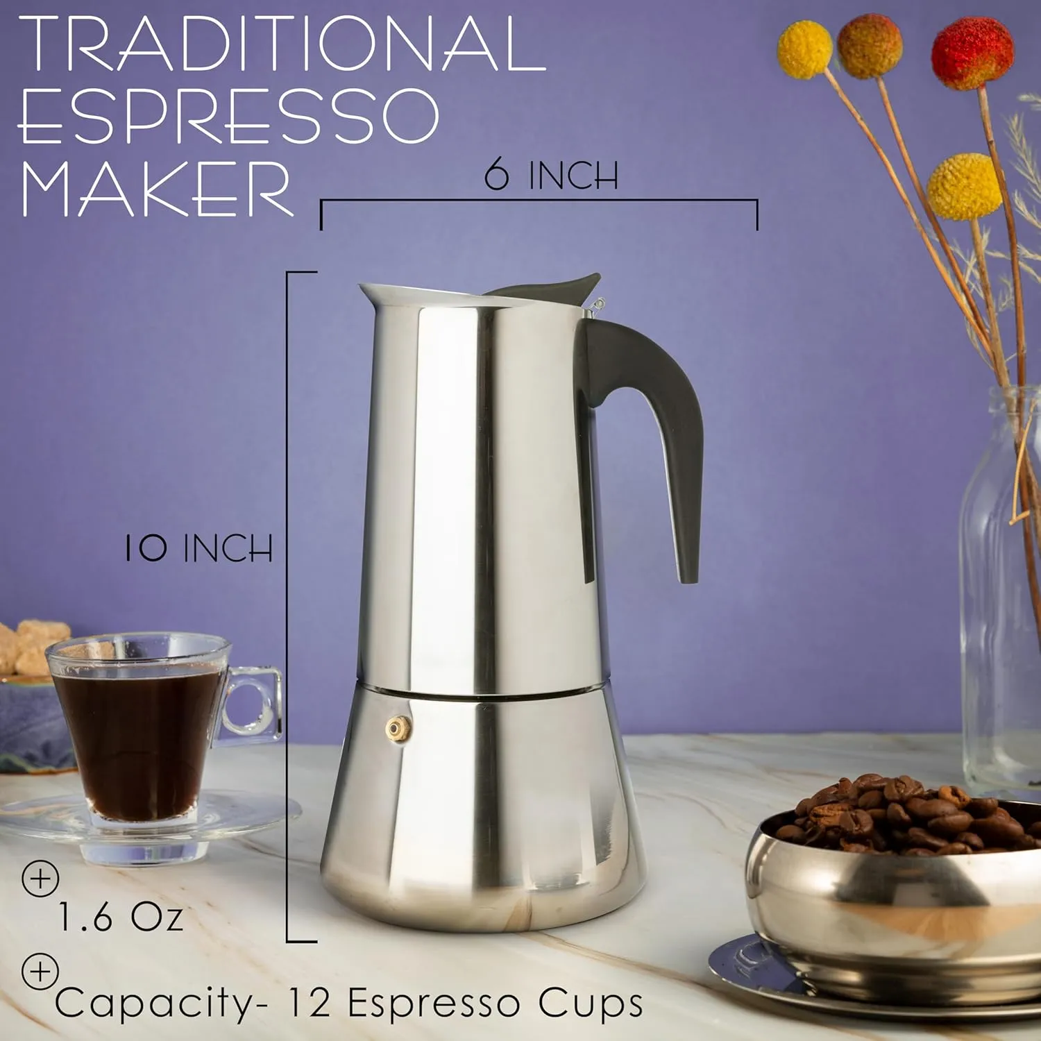 Mixpresso 12 Cup Greca Stovetop Espresso Maker 600ml/20oz, Moka Pot with Coffee Percolator Design, Stainless Steel Stove Top Coffee Maker for Camping or Home Use, Italian Coffee Maker Stovetop