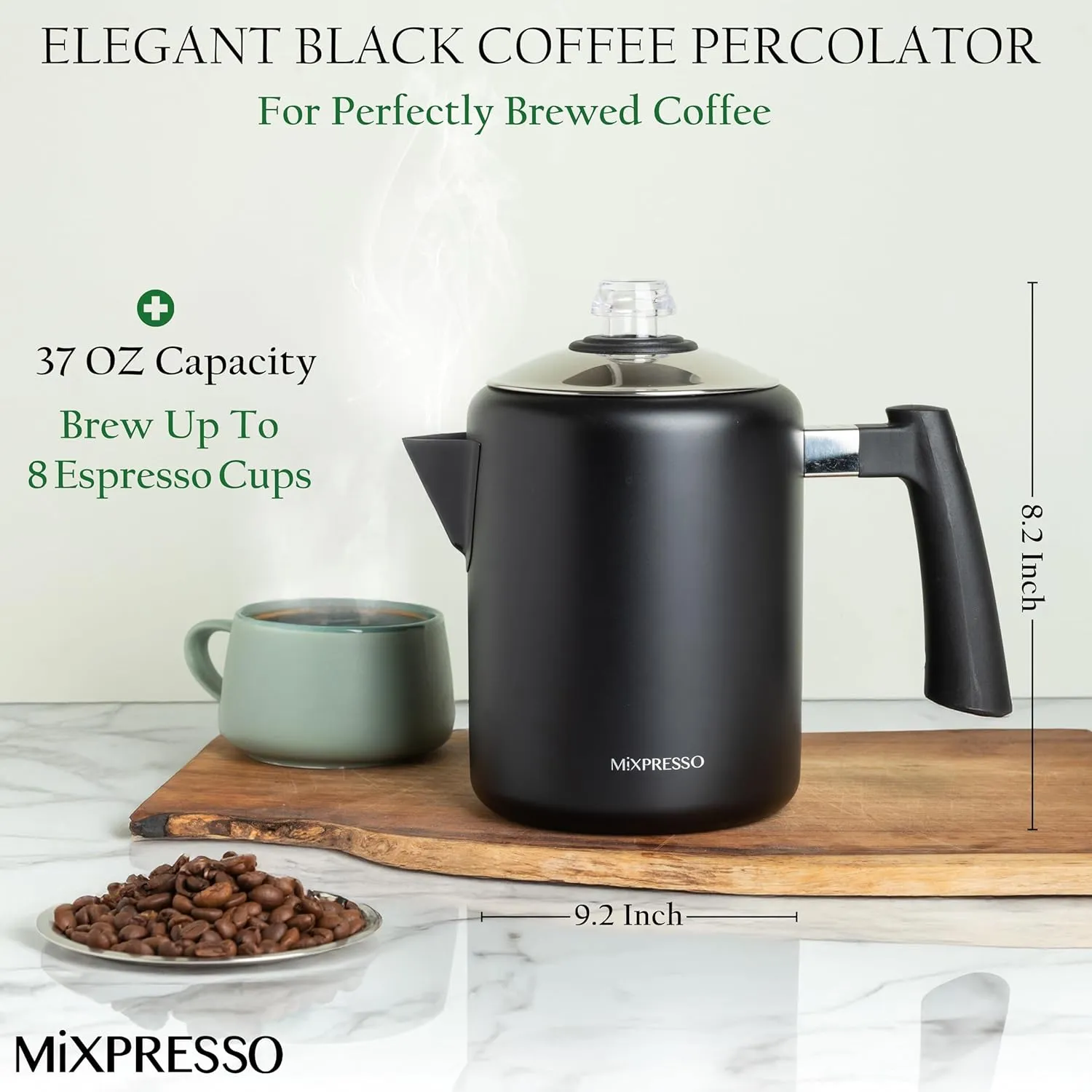 Mixpresso Black Stainless Steel Coffee Percolator Stovetop, 37oz Classic Percolator Coffee Pot, Excellent For Camping Pot, 5-8 Cup Stove Top Coffee Maker, Cool-Touch Handle