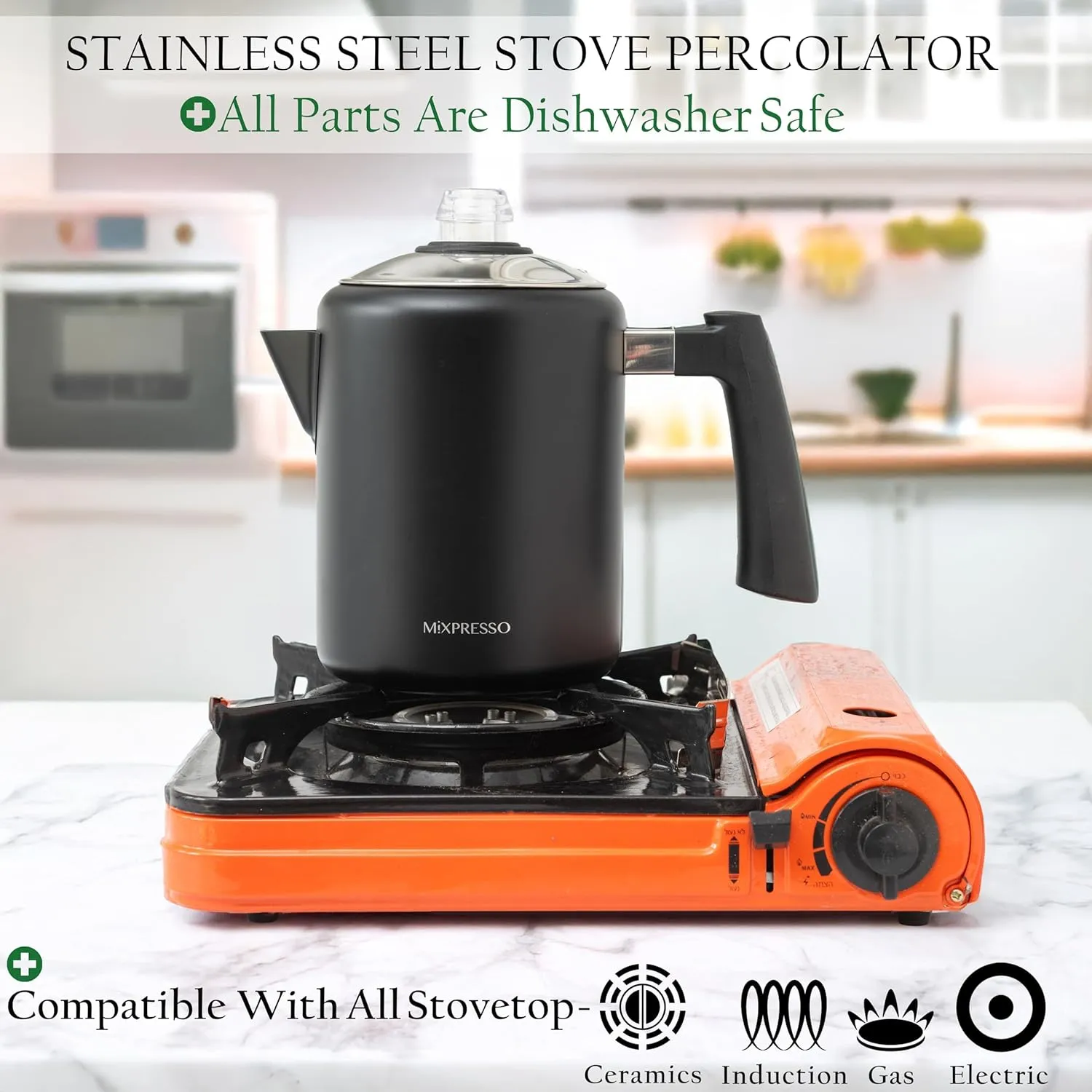 Mixpresso Black Stainless Steel Coffee Percolator Stovetop, 37oz Classic Percolator Coffee Pot, Excellent For Camping Pot, 5-8 Cup Stove Top Coffee Maker, Cool-Touch Handle
